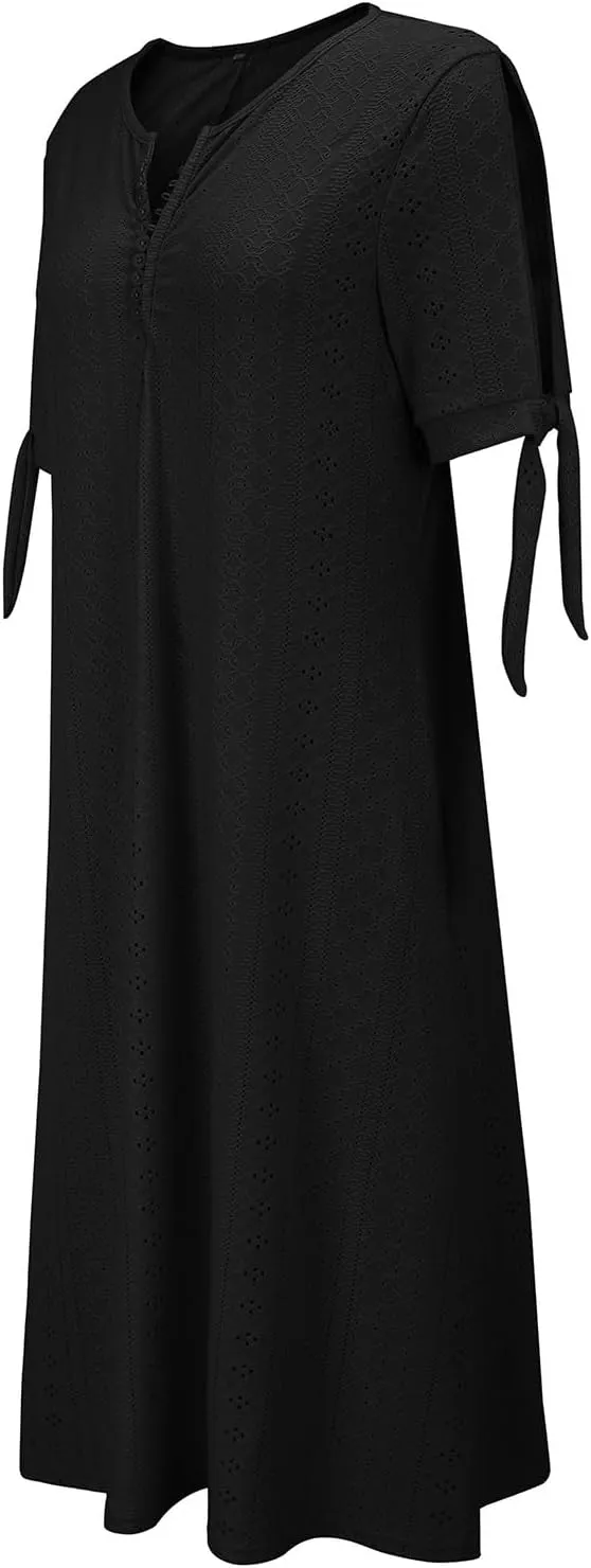 Beach Sundresses for Women 2025 Vacation Short Sleeve Dress Casual Plus Size V-Neck A Line Maxi Dresses with Pockets