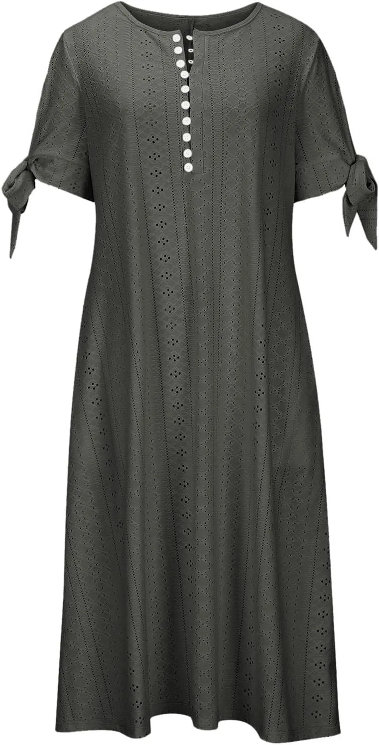 Beach Sundresses for Women 2025 Vacation Short Sleeve Dress Casual Plus Size V-Neck A Line Maxi Dresses with Pockets