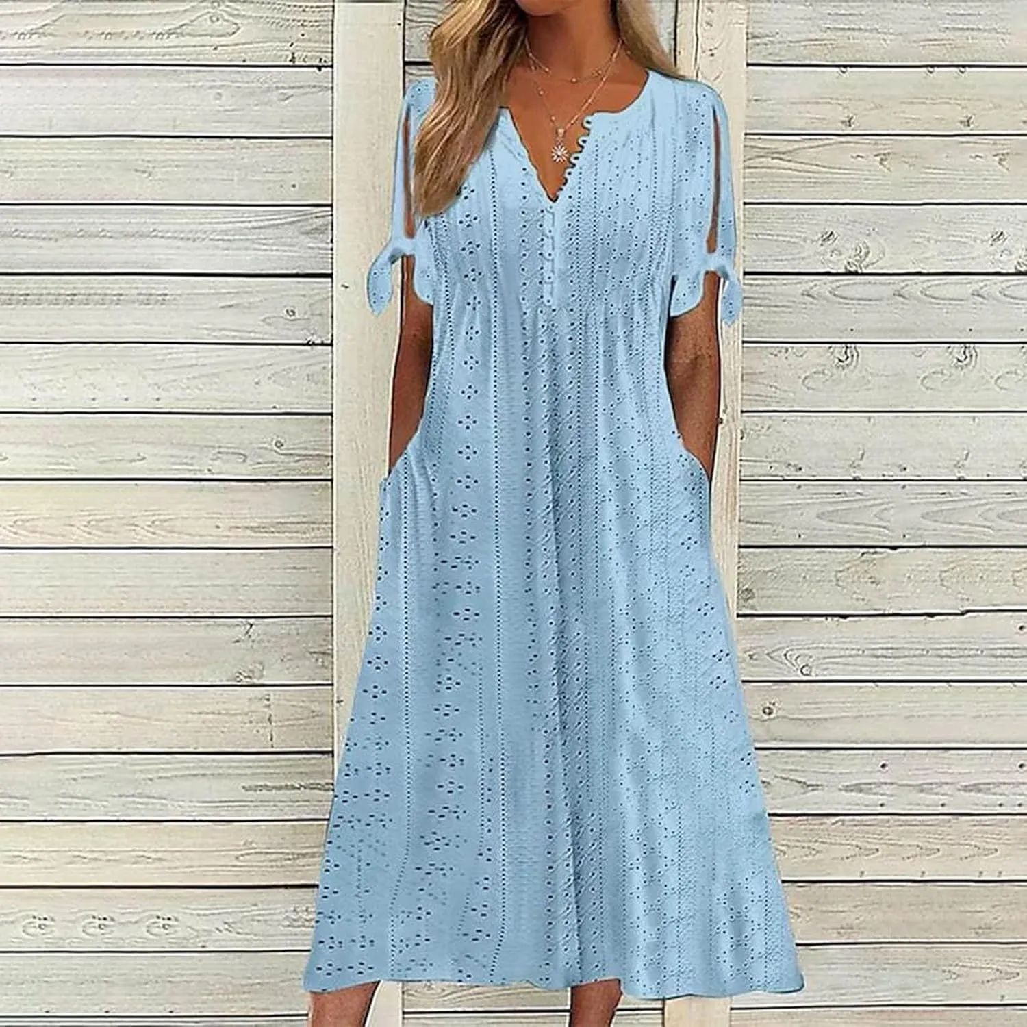 Beach Sundresses for Women 2025 Vacation Short Sleeve Dress Casual Plus Size V-Neck A Line Maxi Dresses with Pockets