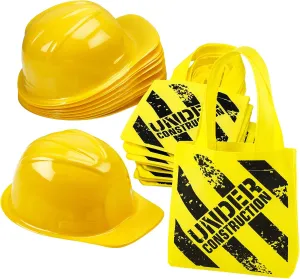 Bedwina Construction Themed Party Supplies - (24 Pack) Construction Party Favors Hat & Mini Tote Bag Supplies - (12) Yellow Construction Hats for Kids & (12) Construction Goodie Bags