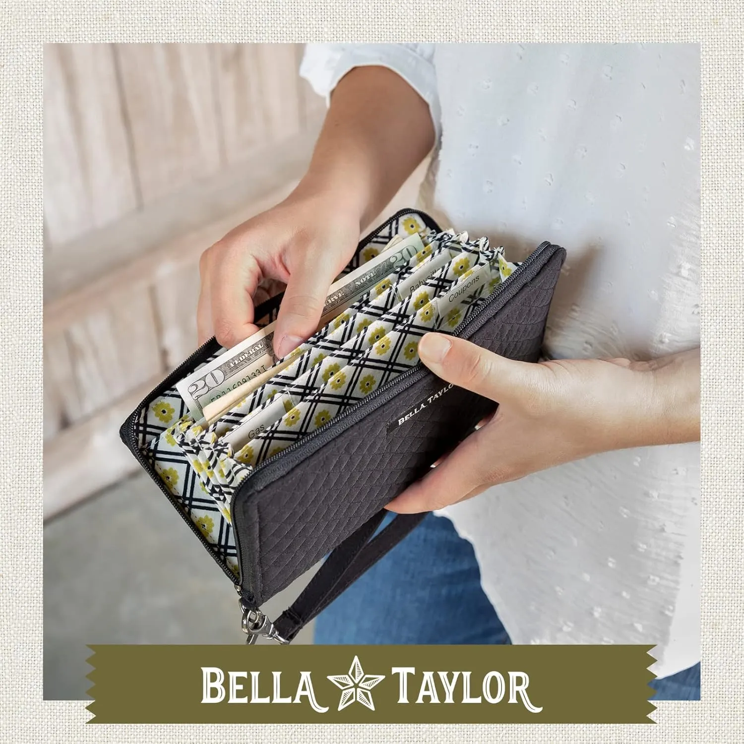 Bella Taylor Cash Envelope Wallet for Budgeting - RFID Protected - Cash Stuffing Wallet with Detachable Wristlet - Vintage Black Microfiber