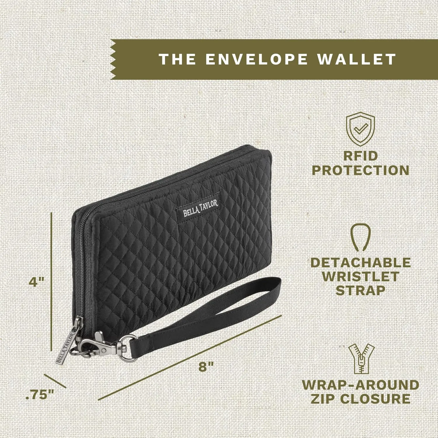 Bella Taylor Cash Envelope Wallet for Budgeting - RFID Protected - Cash Stuffing Wallet with Detachable Wristlet - Vintage Black Microfiber