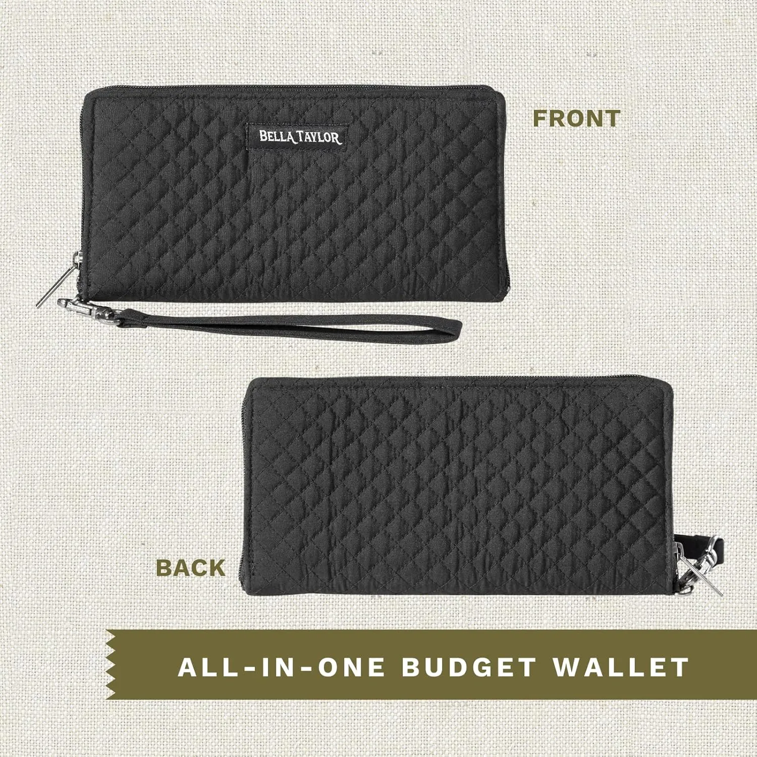 Bella Taylor Cash Envelope Wallet for Budgeting - RFID Protected - Cash Stuffing Wallet with Detachable Wristlet - Vintage Black Microfiber