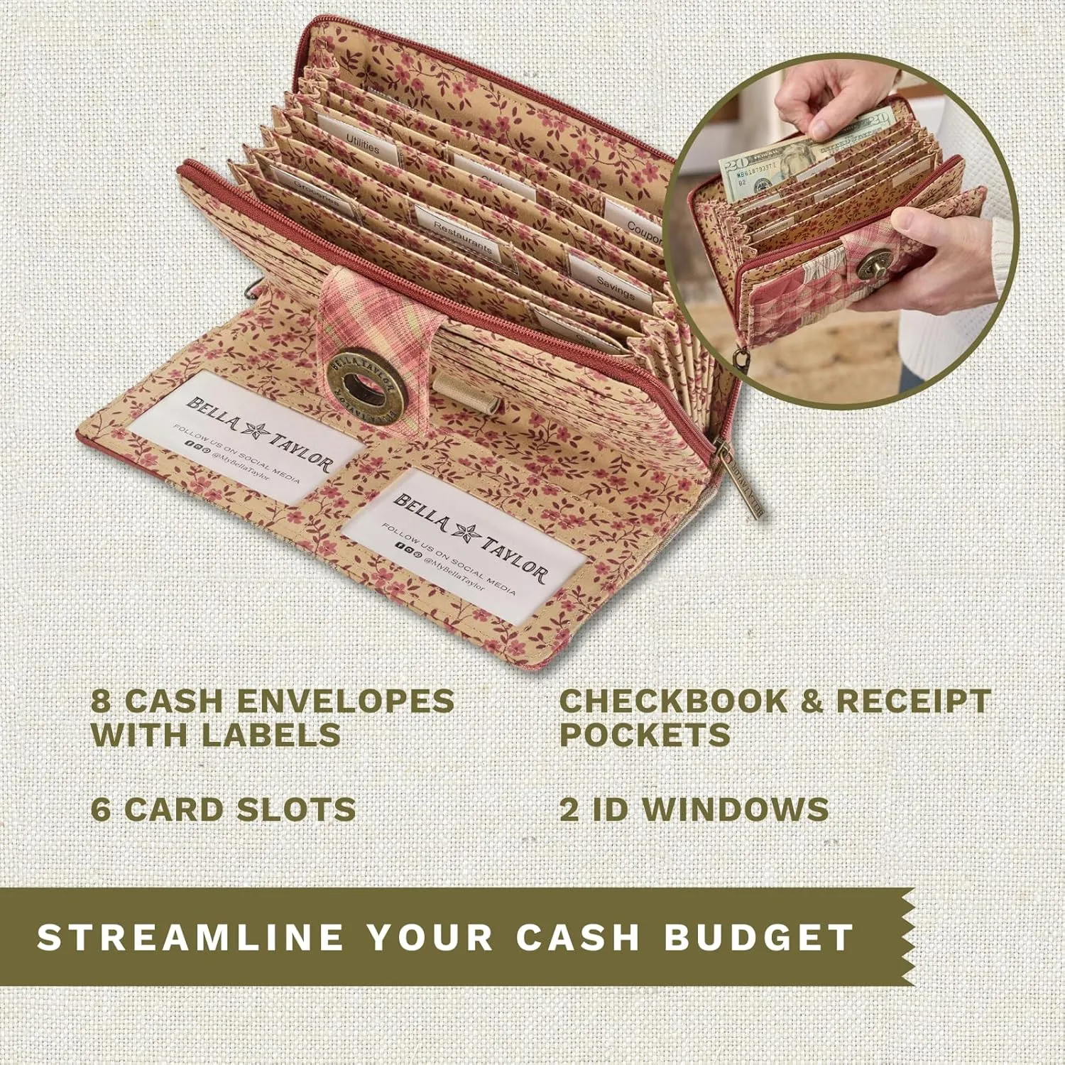 Bella Taylor Cash System Wallet for Envelope Budgeting - RFID Protected - Cash Stuffing Wallet with Detachable Wristlet