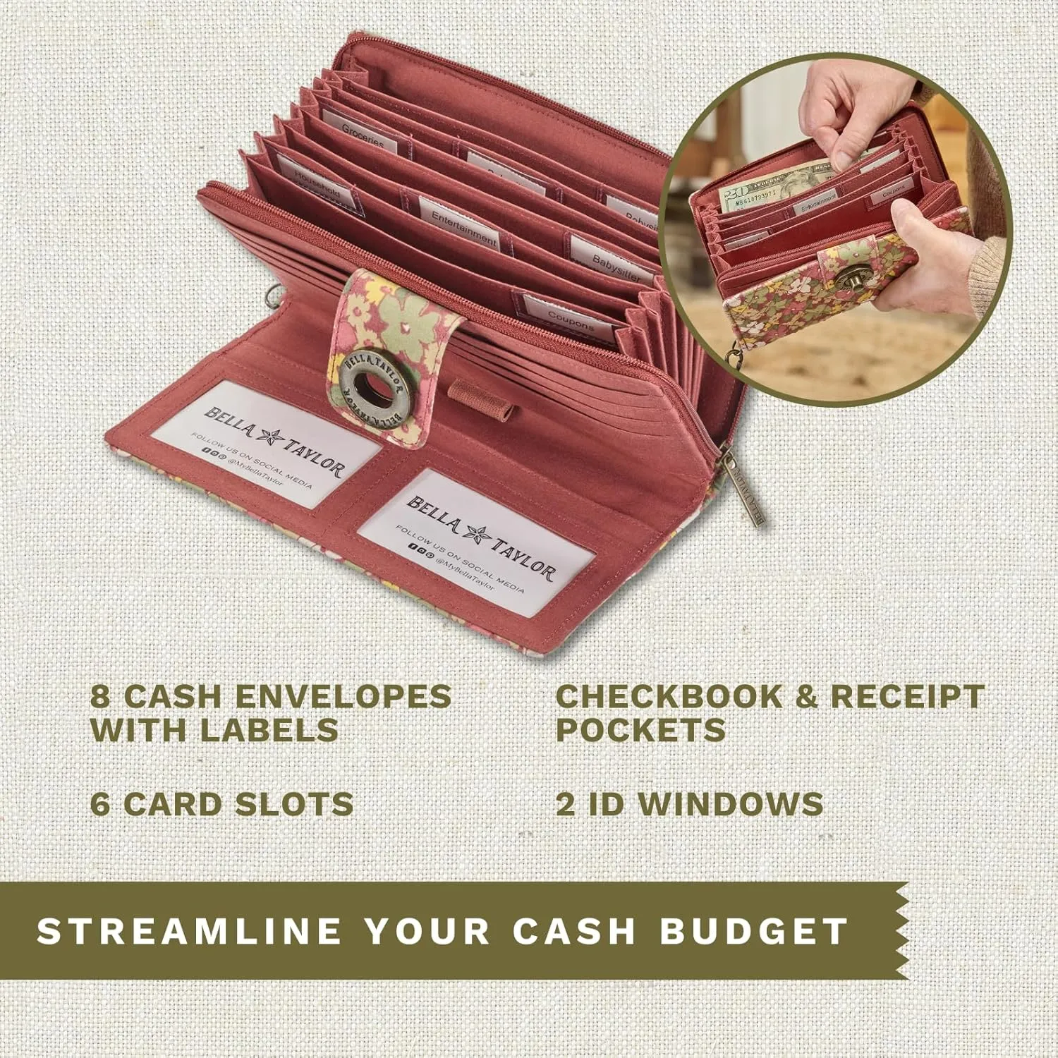 Bella Taylor Cash System Wallet for Envelope Budgeting - RFID Protected - Cash Stuffing Wallet with Detachable Wristlet