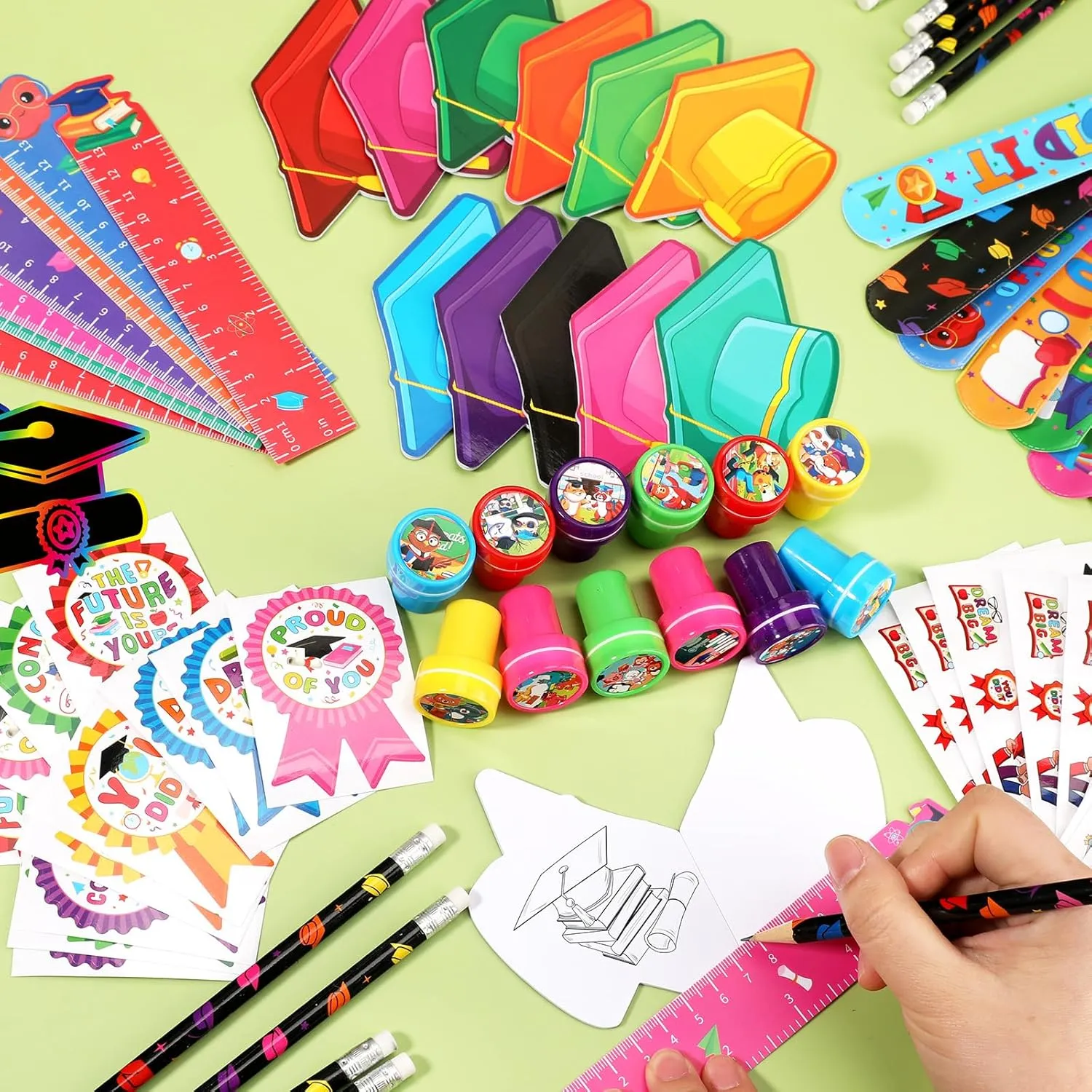 BenLouis 216 Pcs Graduation School Stationery Set Party Favors Preschool Kindergarten Classroom Gift Prizes Bulk for Kids Students Congrats Grad Goodie Bags Stuffers（Graduation Hat）