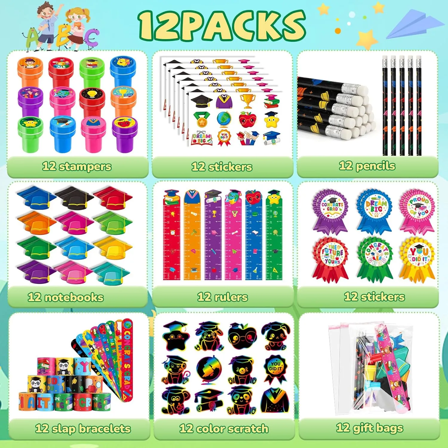 BenLouis 216 Pcs Graduation School Stationery Set Party Favors Preschool Kindergarten Classroom Gift Prizes Bulk for Kids Students Congrats Grad Goodie Bags Stuffers（Graduation Hat）
