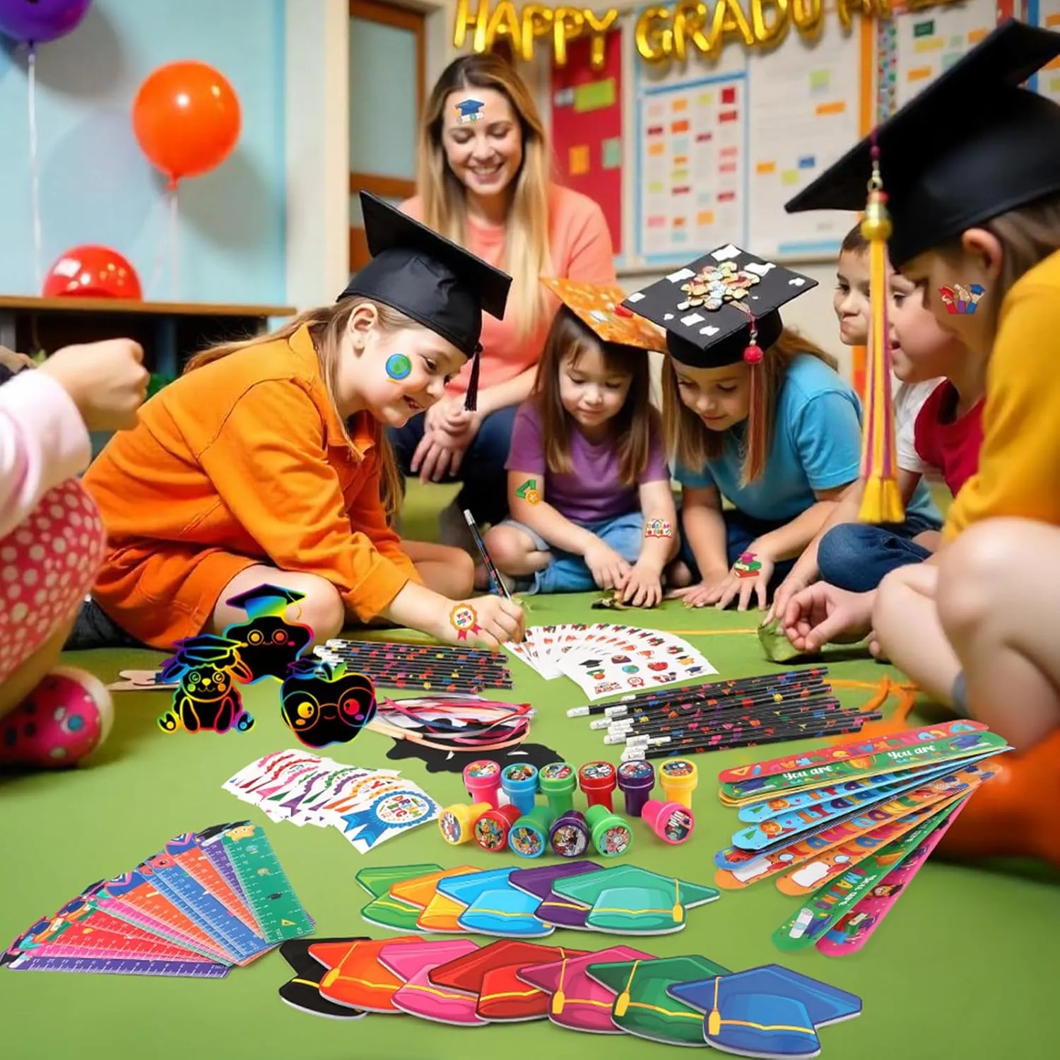 BenLouis 216 Pcs Graduation School Stationery Set Party Favors Preschool Kindergarten Classroom Gift Prizes Bulk for Kids Students Congrats Grad Goodie Bags Stuffers（Graduation Hat）