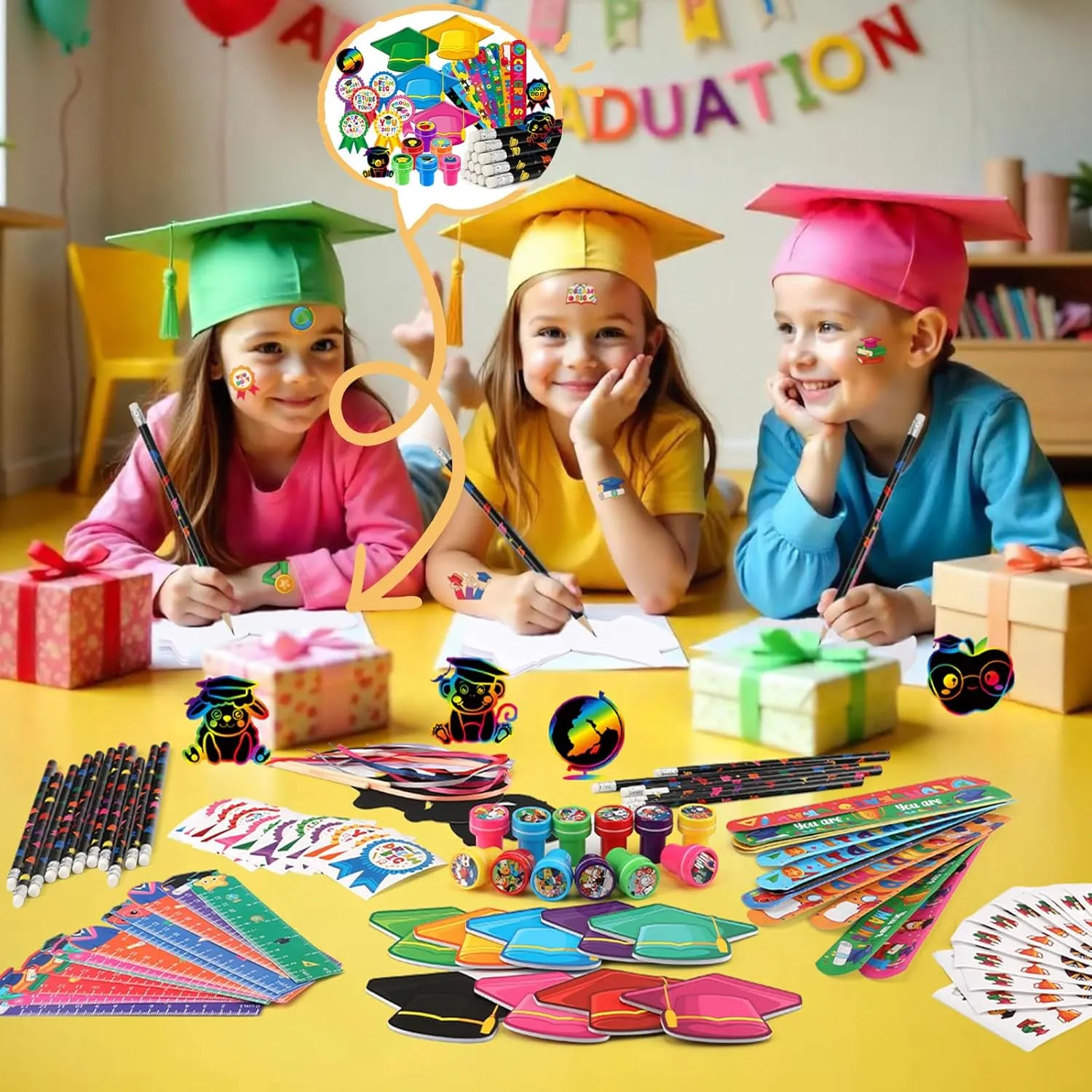 BenLouis 216 Pcs Graduation School Stationery Set Party Favors Preschool Kindergarten Classroom Gift Prizes Bulk for Kids Students Congrats Grad Goodie Bags Stuffers（Graduation Hat）