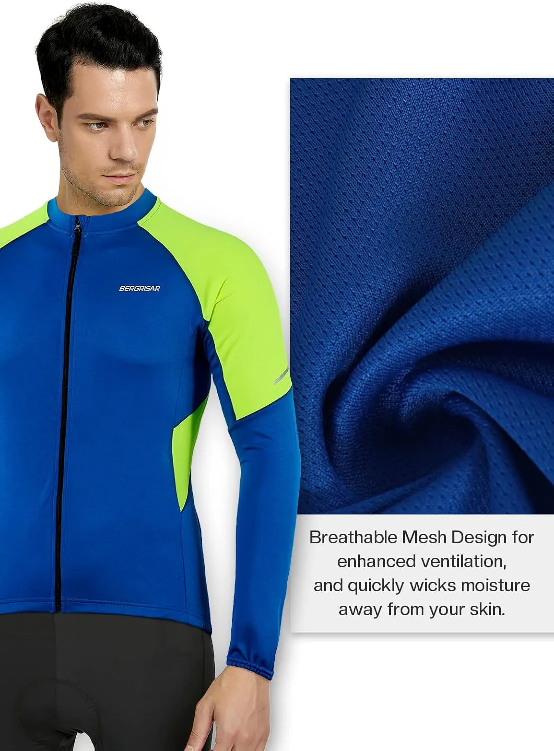 BERGRISAR Men's Basic Cycling Jerseys Long Sleeves Bike Bicycle Shirt Zipper Pockets BG012