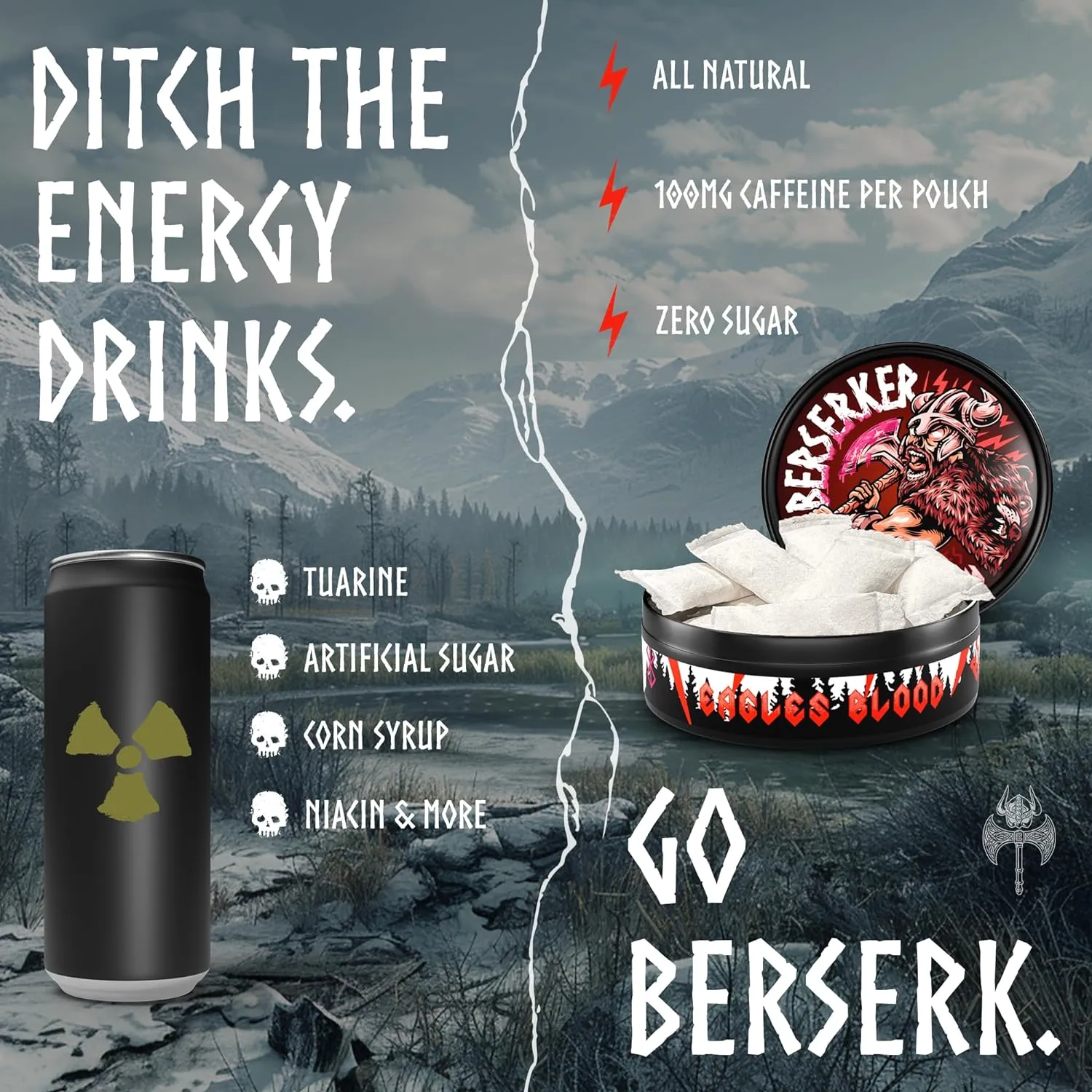 Berserker Energy Pouches - Eagles Blood - Caffeine Infused - 100mg Per Pouch - 5 Pack - Tobacco & Nicotine Free - Energy Drink Replacement