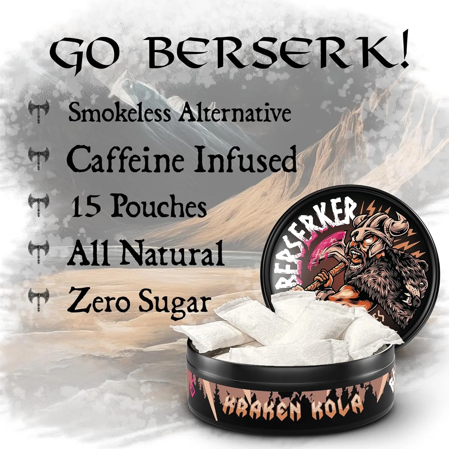 Berserker Energy Pouches - Kraken Cola - Caffeine Infused - 100mg Per Pouch - 10 Pack - Tobacco & Nicotine Free - Energy Drink Replacement