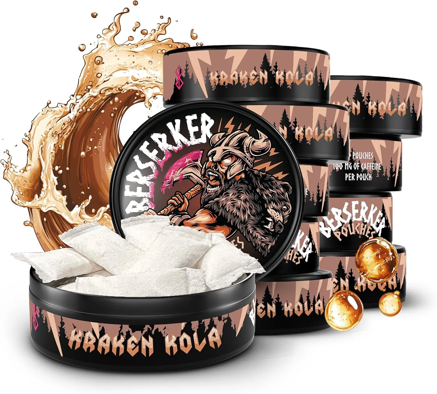 Berserker Energy Pouches - Kraken Cola - Caffeine Infused - 100mg Per Pouch - 10 Pack - Tobacco & Nicotine Free - Energy Drink Replacement