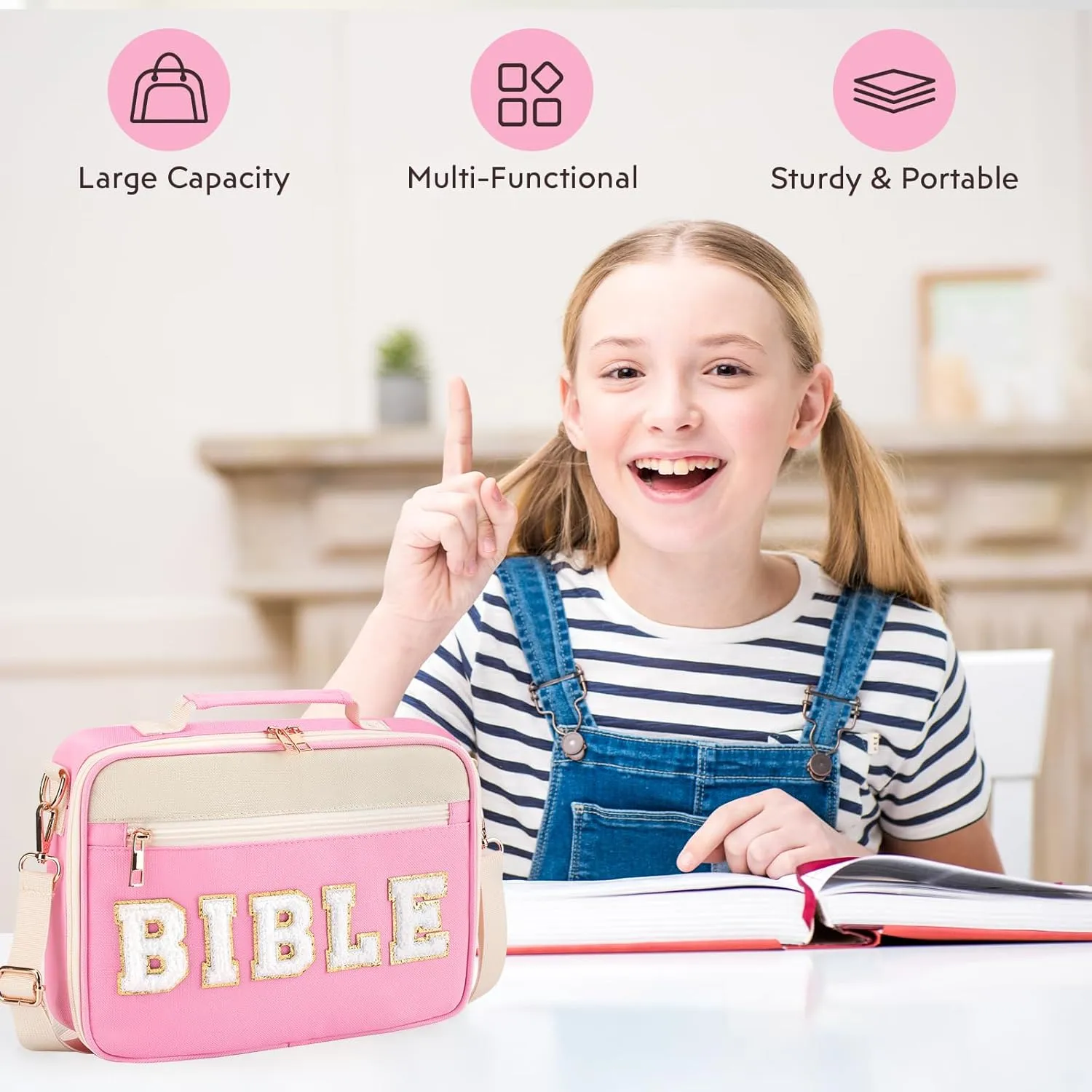 Bible Cover Case for Women Grils, Preppy Bible Bag with Adjustable Shoulder Strap, Waterproof Bible Carrying Tote Bags Holder for Bible Study Supplies Accessories & Christian Gifts (Pink)