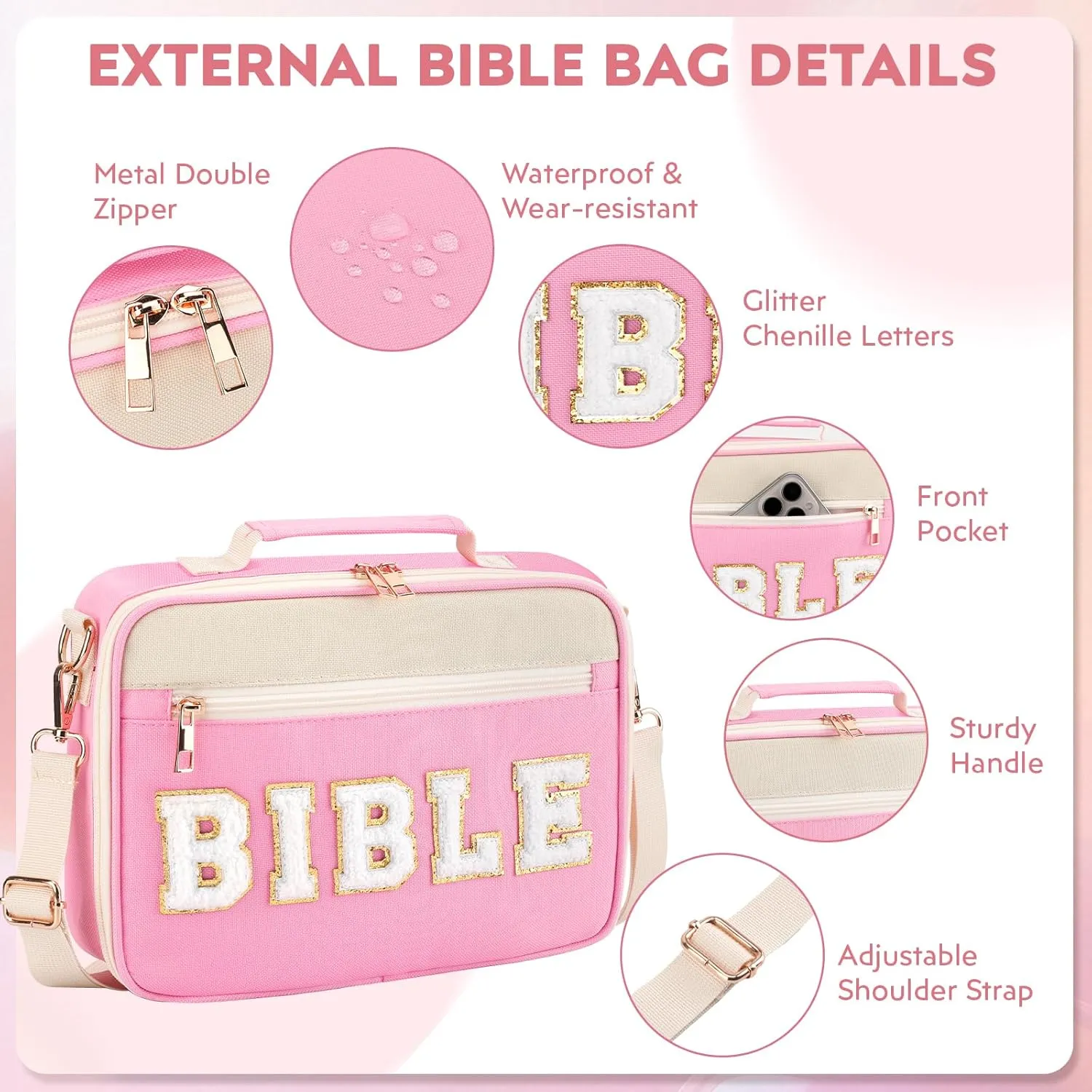 Bible Cover Case for Women Grils, Preppy Bible Bag with Adjustable Shoulder Strap, Waterproof Bible Carrying Tote Bags Holder for Bible Study Supplies Accessories & Christian Gifts (Pink)