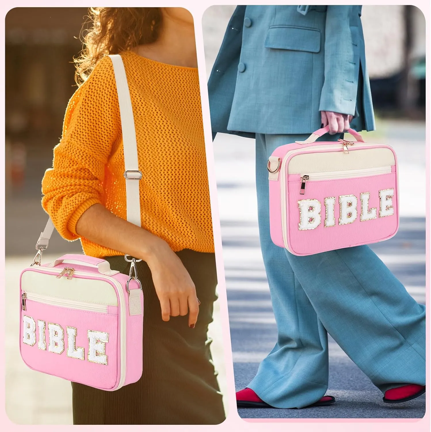 Bible Cover Case for Women Grils, Preppy Bible Bag with Adjustable Shoulder Strap, Waterproof Bible Carrying Tote Bags Holder for Bible Study Supplies Accessories & Christian Gifts (Pink)