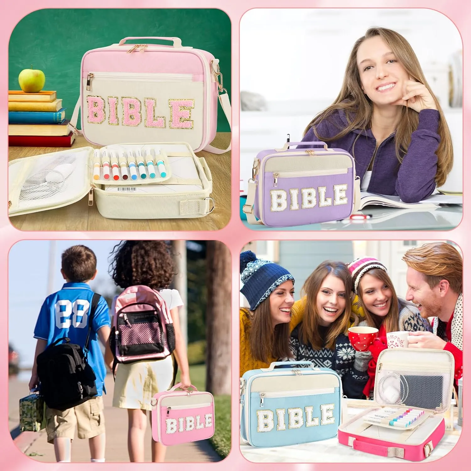 Bible Cover Case for Women Grils, Preppy Bible Bag with Adjustable Shoulder Strap, Waterproof Bible Carrying Tote Bags Holder for Bible Study Supplies Accessories & Christian Gifts (Pink)