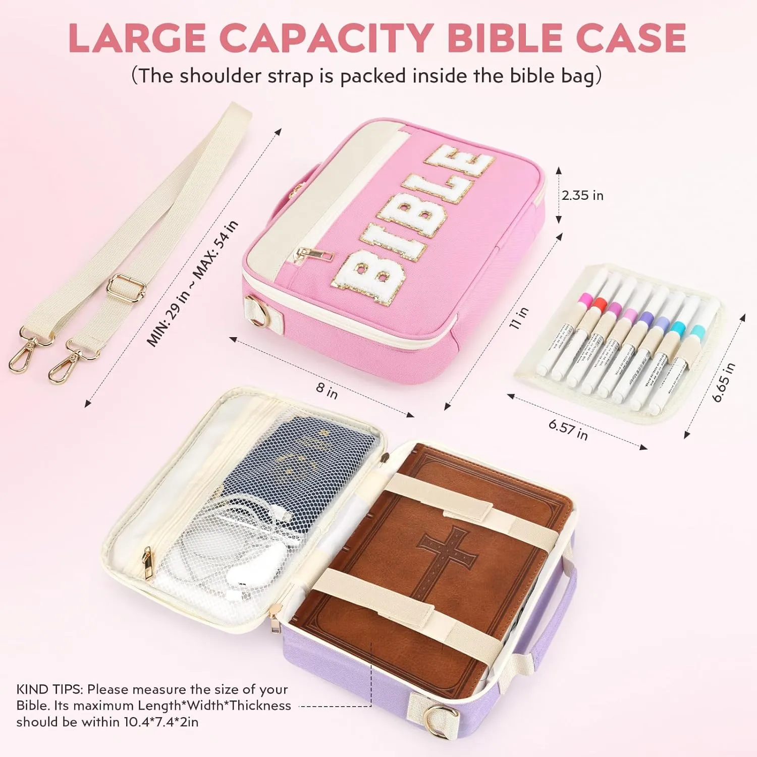 Bible Cover Case for Women Grils, Preppy Bible Bag with Adjustable Shoulder Strap, Waterproof Bible Carrying Tote Bags Holder for Bible Study Supplies Accessories & Christian Gifts (Pink)