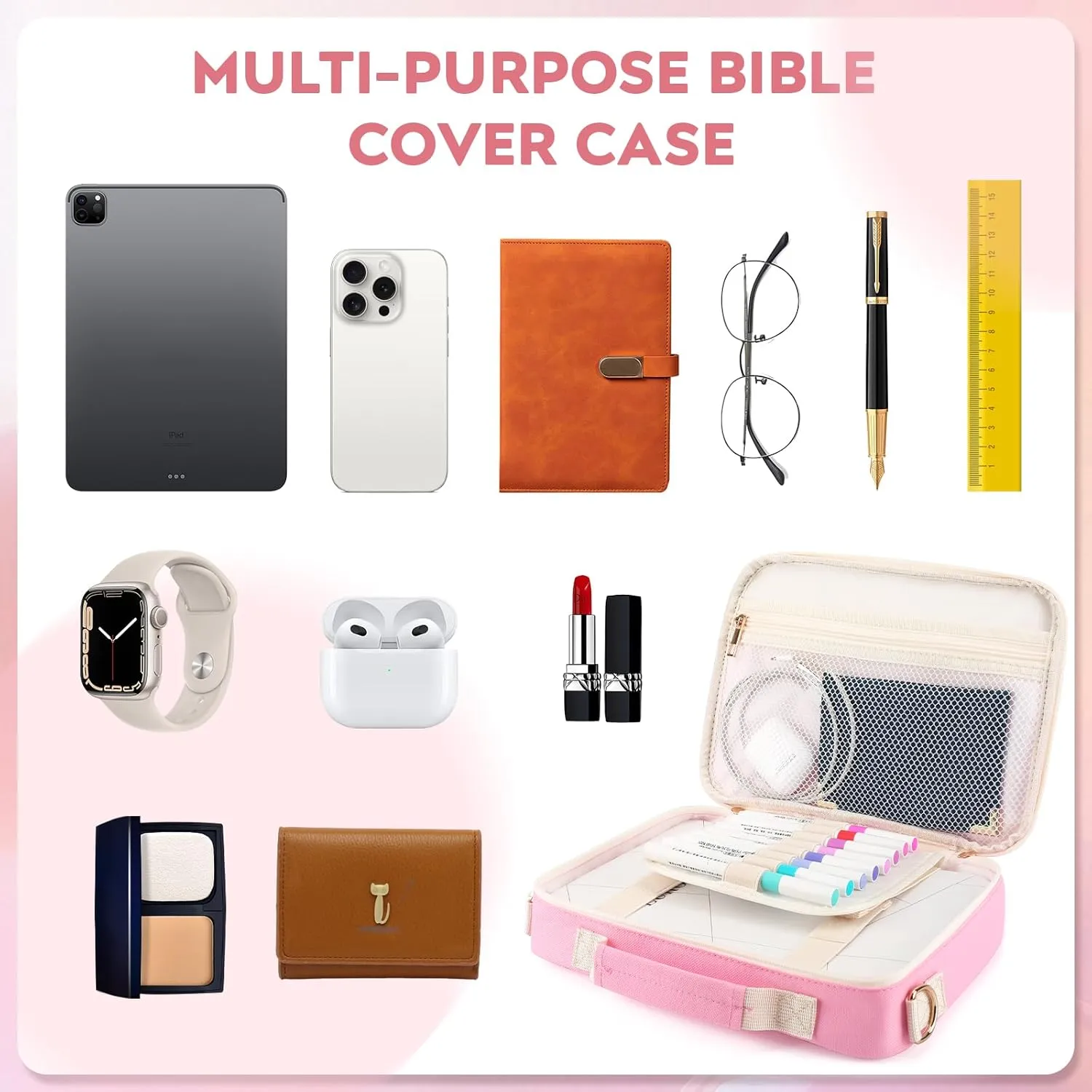 Bible Cover Case for Women Grils, Preppy Bible Bag with Adjustable Shoulder Strap, Waterproof Bible Carrying Tote Bags Holder for Bible Study Supplies Accessories & Christian Gifts (Pink)