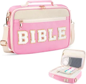 Bible Cover Case for Women Grils, Preppy Bible Bag with Adjustable Shoulder Strap, Waterproof Bible Carrying Tote Bags Holder for Bible Study Supplies Accessories & Christian Gifts (Pink)
