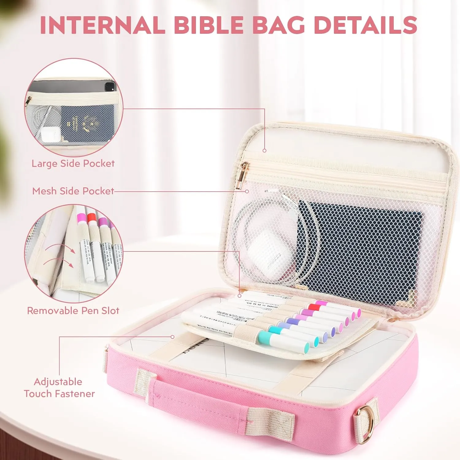 Bible Cover Case for Women Grils, Preppy Bible Bag with Adjustable Shoulder Strap, Waterproof Bible Carrying Tote Bags Holder for Bible Study Supplies Accessories & Christian Gifts (Pink)