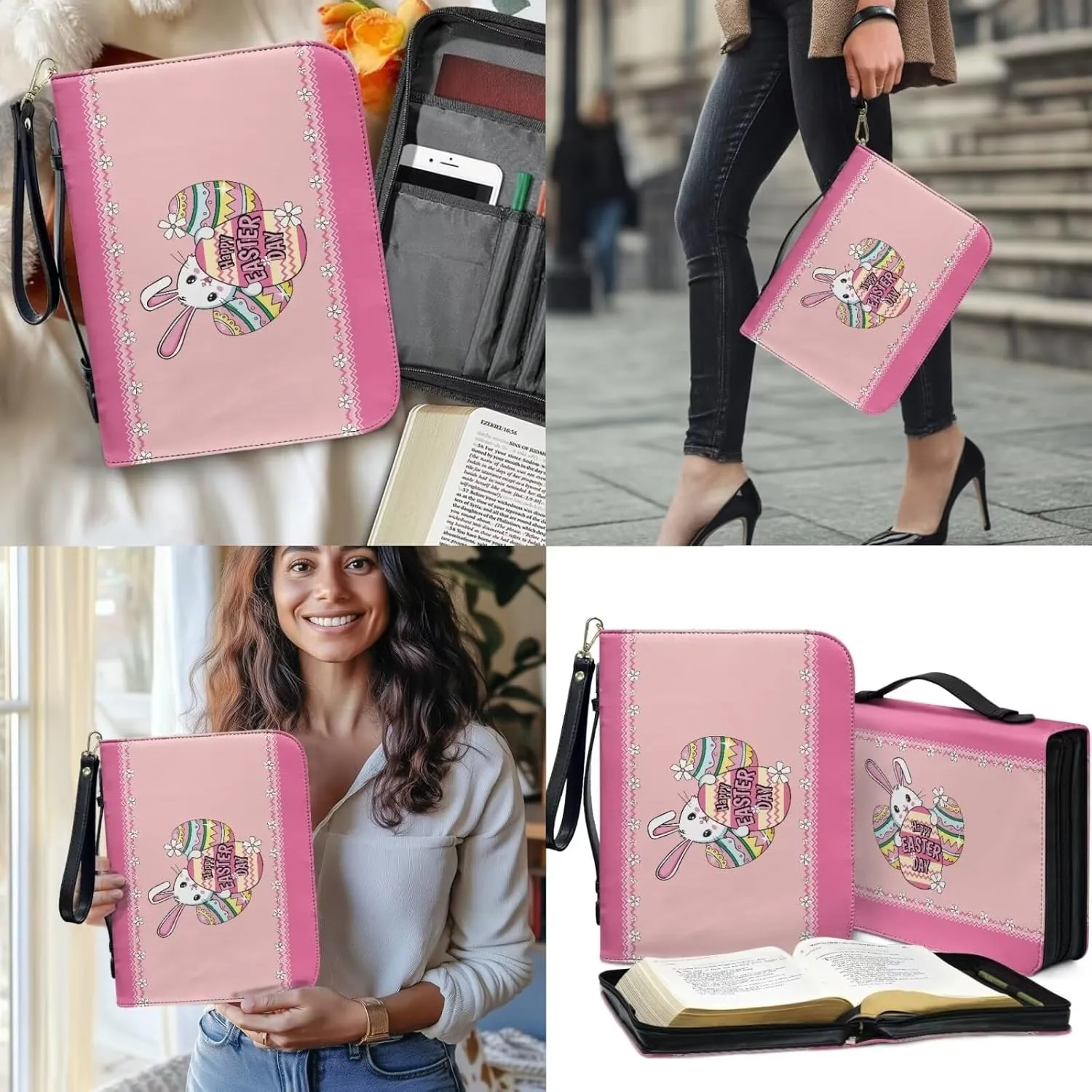 Bible Covers for Women,PU Bible Bags with Handle & Wristlet Strap, Bible Carrying Case and Bookmark Set