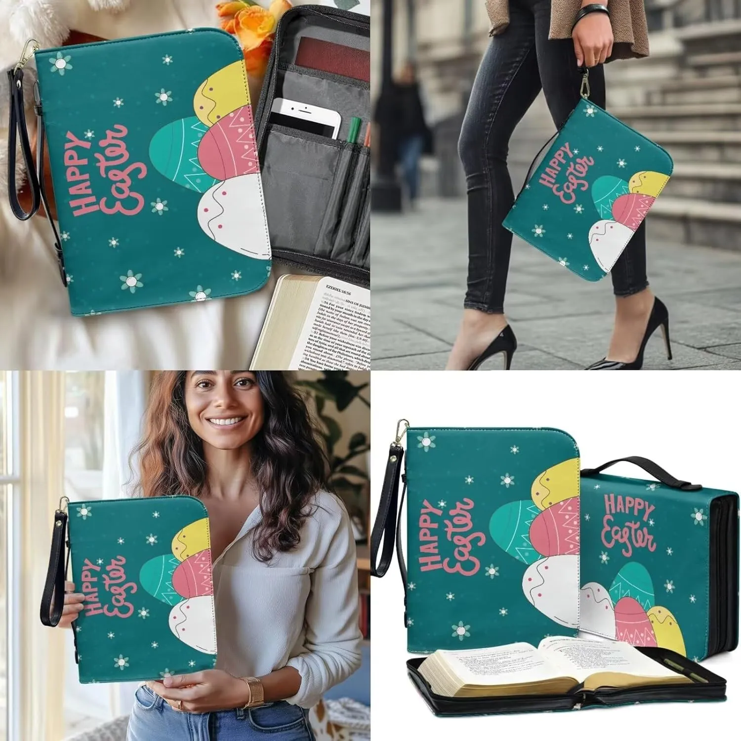 Bible Covers for Women,PU Bible Bags with Handle & Wristlet Strap, Bible Carrying Case and Bookmark Set