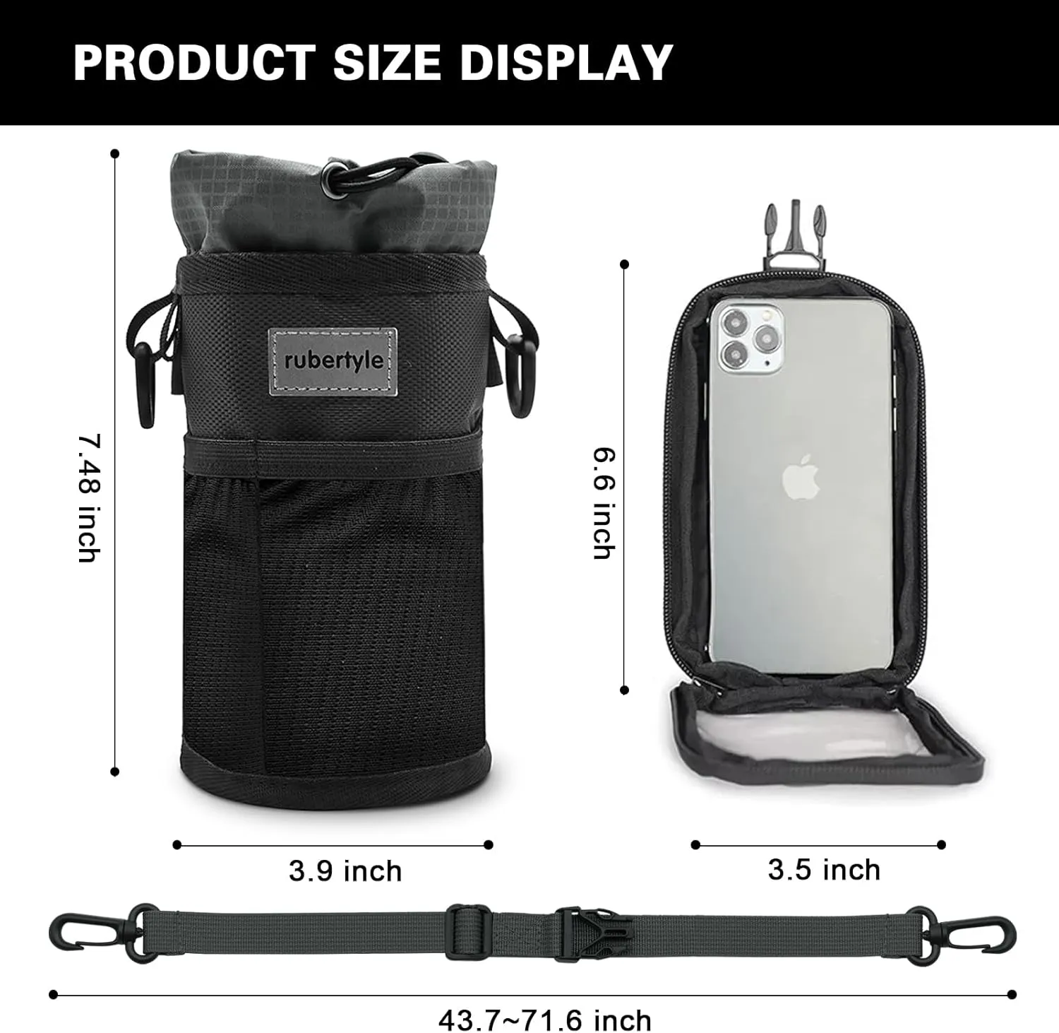 Bike Bottle Holder | Fits Segway, Buggy, Boat, Scooter, Wheelchair | No-Screw Installation | Carry Big Bottles Diameter 3.6in/9cm | Mesh Pockets | Shoulder Strap and Phone Storage Bag
