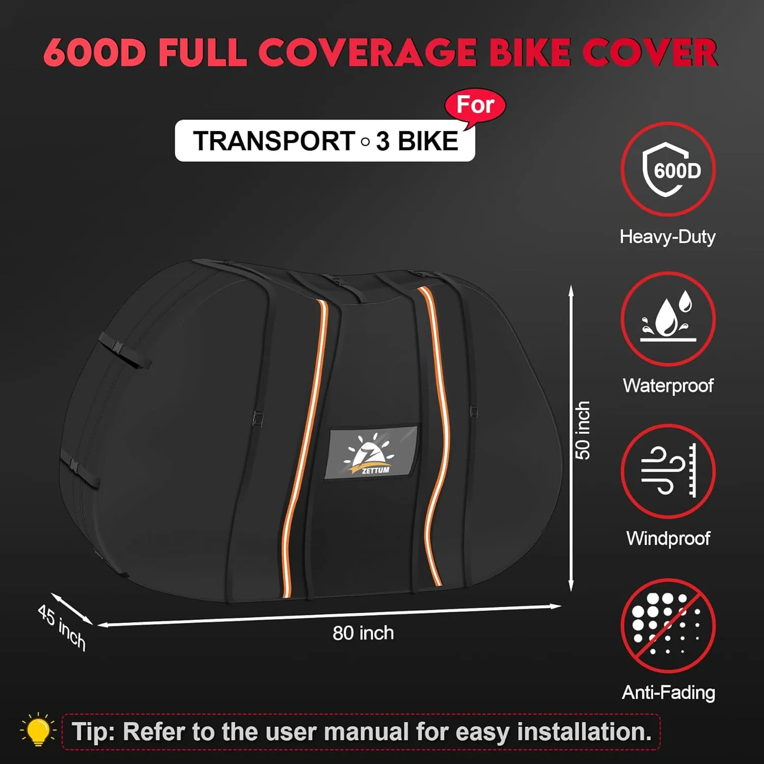 Bike Cover for Transport 3 Bike - 600D Travel Bike Covers for Bikes on Rear Bike Rack Heavy Duty & Waterproof, Outdoor Full Bicycle Rack Cover for 3 Bikes on Car Hitch Storage