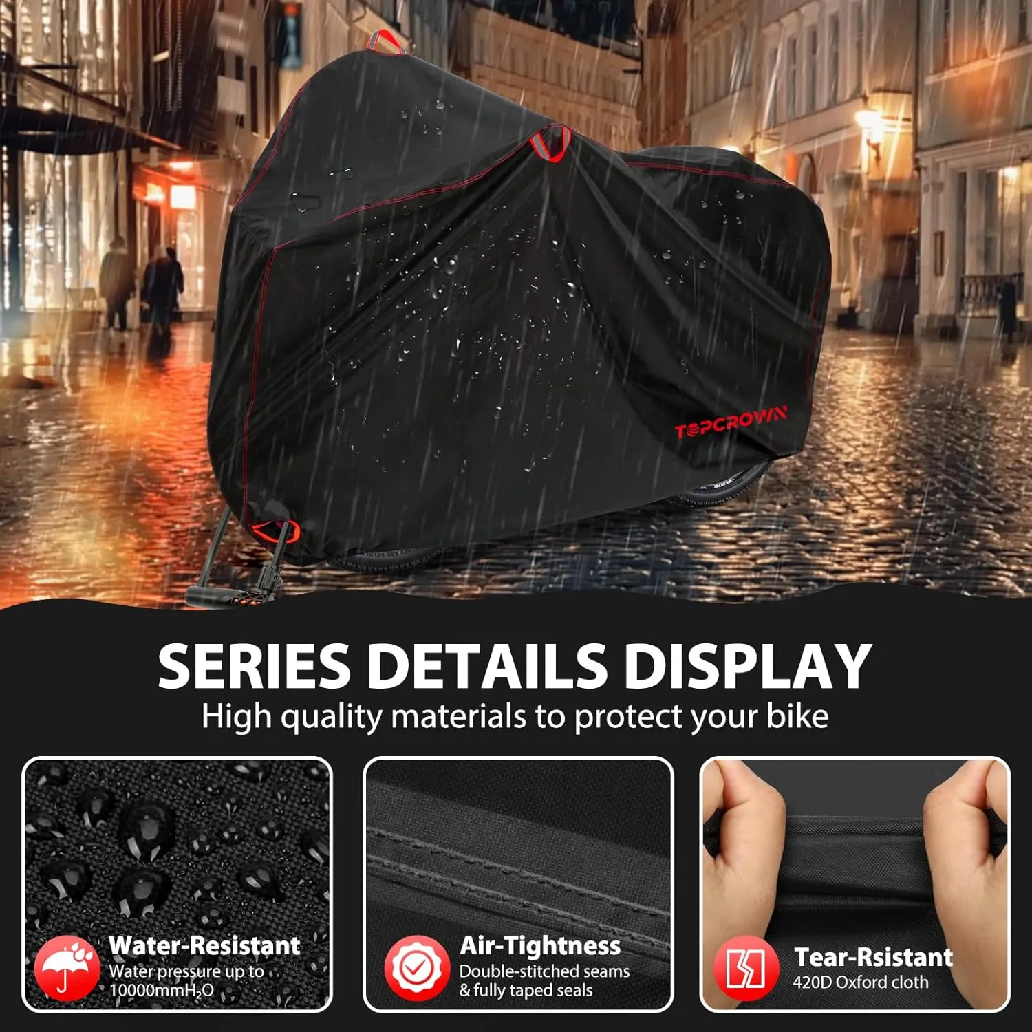 Bike Cover Waterproof Outdoor Storage for 1 Bike, Bicycle Cover Rain Sun UV Dust Wind Proof with Storage Bag for Mountain Road Bike/Ebike (420D Black Red, XL Size for 1 bike)