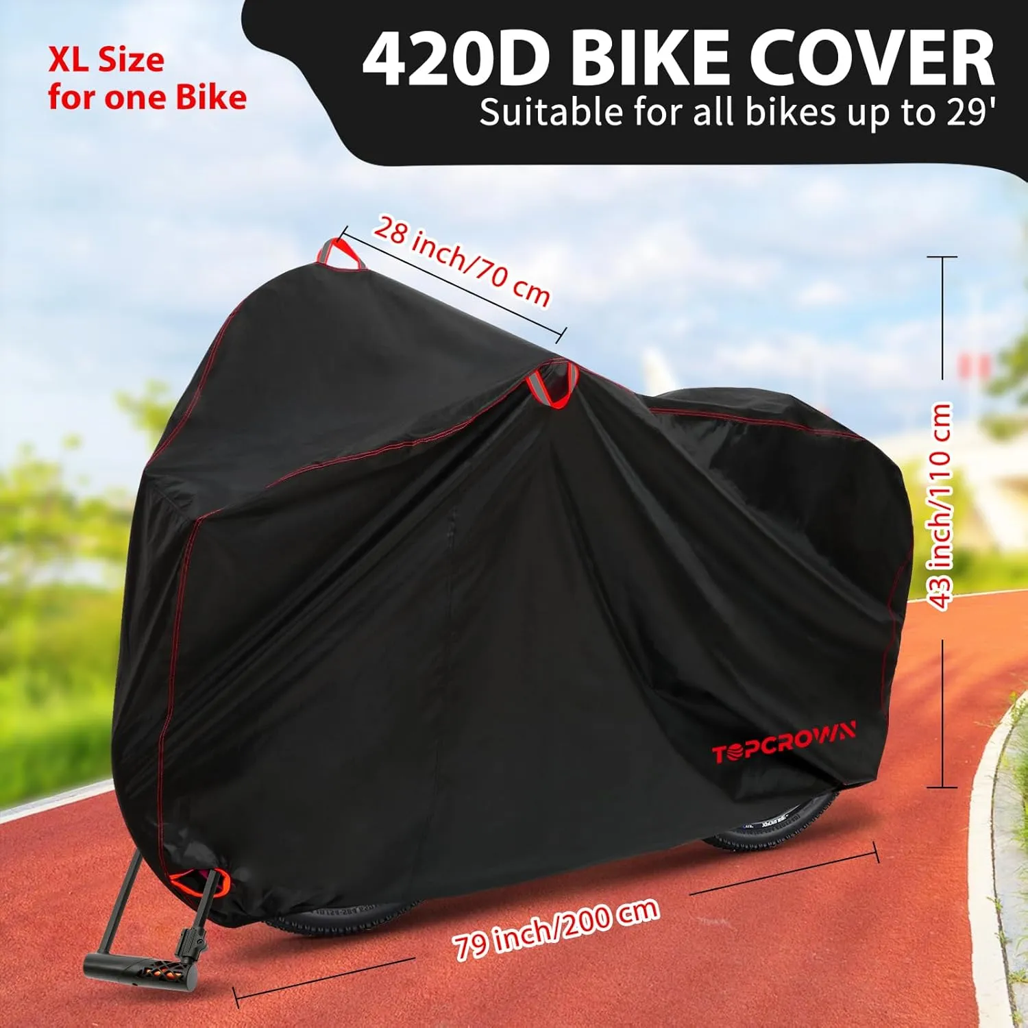 Bike Cover Waterproof Outdoor Storage for 1 Bike, Bicycle Cover Rain Sun UV Dust Wind Proof with Storage Bag for Mountain Road Bike/Ebike (420D Black Red, XL Size for 1 bike)