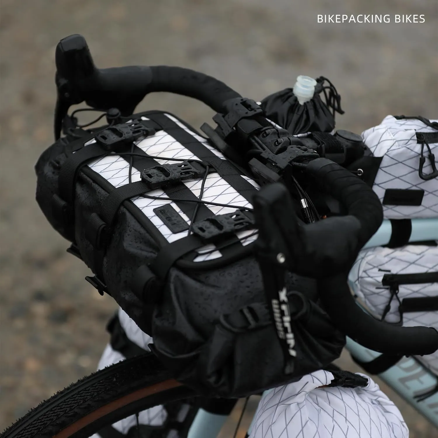 Bike Handlebar Bag Bicycle Front Bag Waterproof 8L-13L Roll Top Lightweight with Shoulder Strap for Mountain Road Cycling for Commuting and Touring (Black&White)