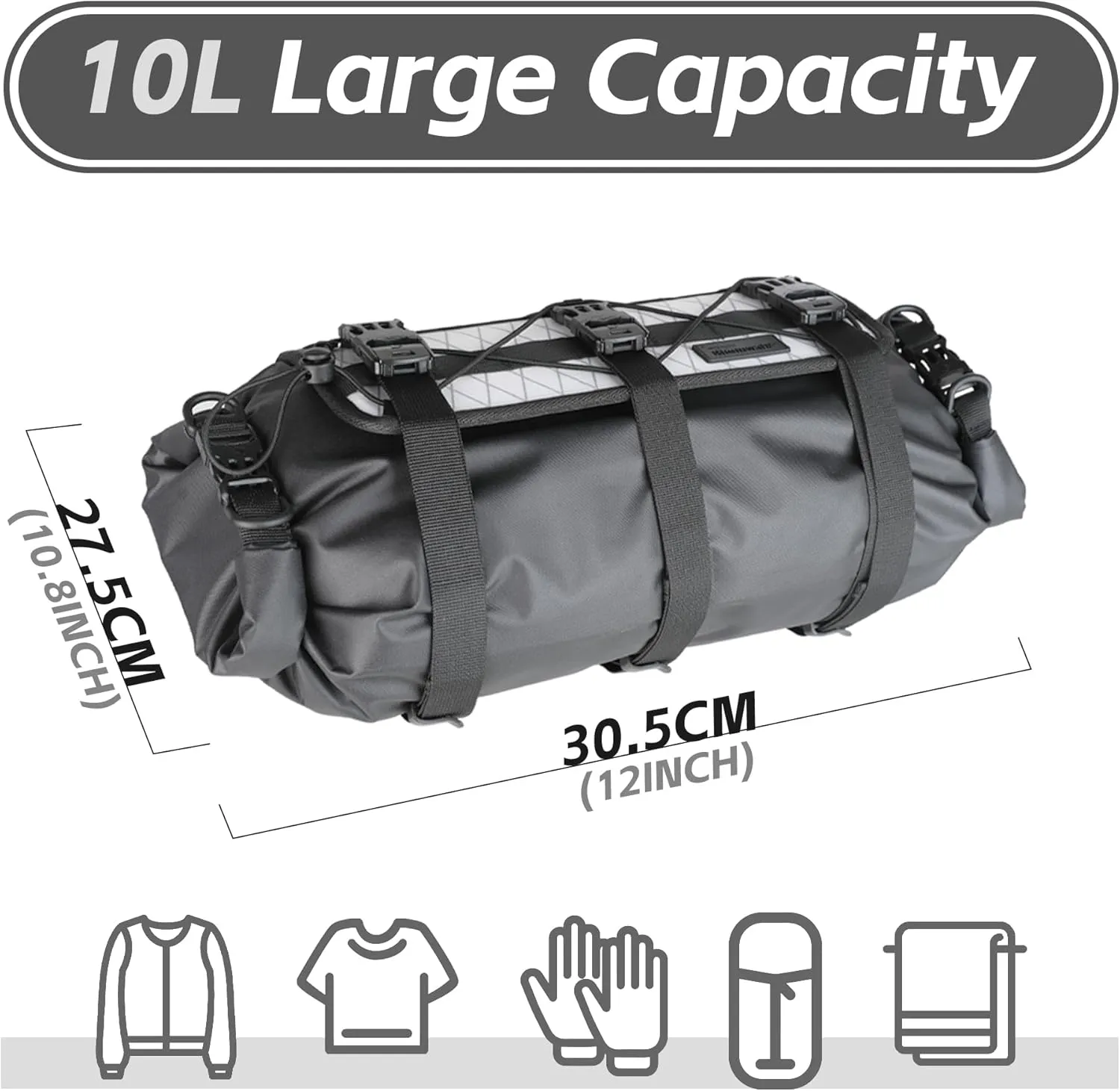 Bike Handlebar Bag Bicycle Front Bag Waterproof 8L-13L Roll Top Lightweight with Shoulder Strap for Mountain Road Cycling for Commuting and Touring (Black&White)