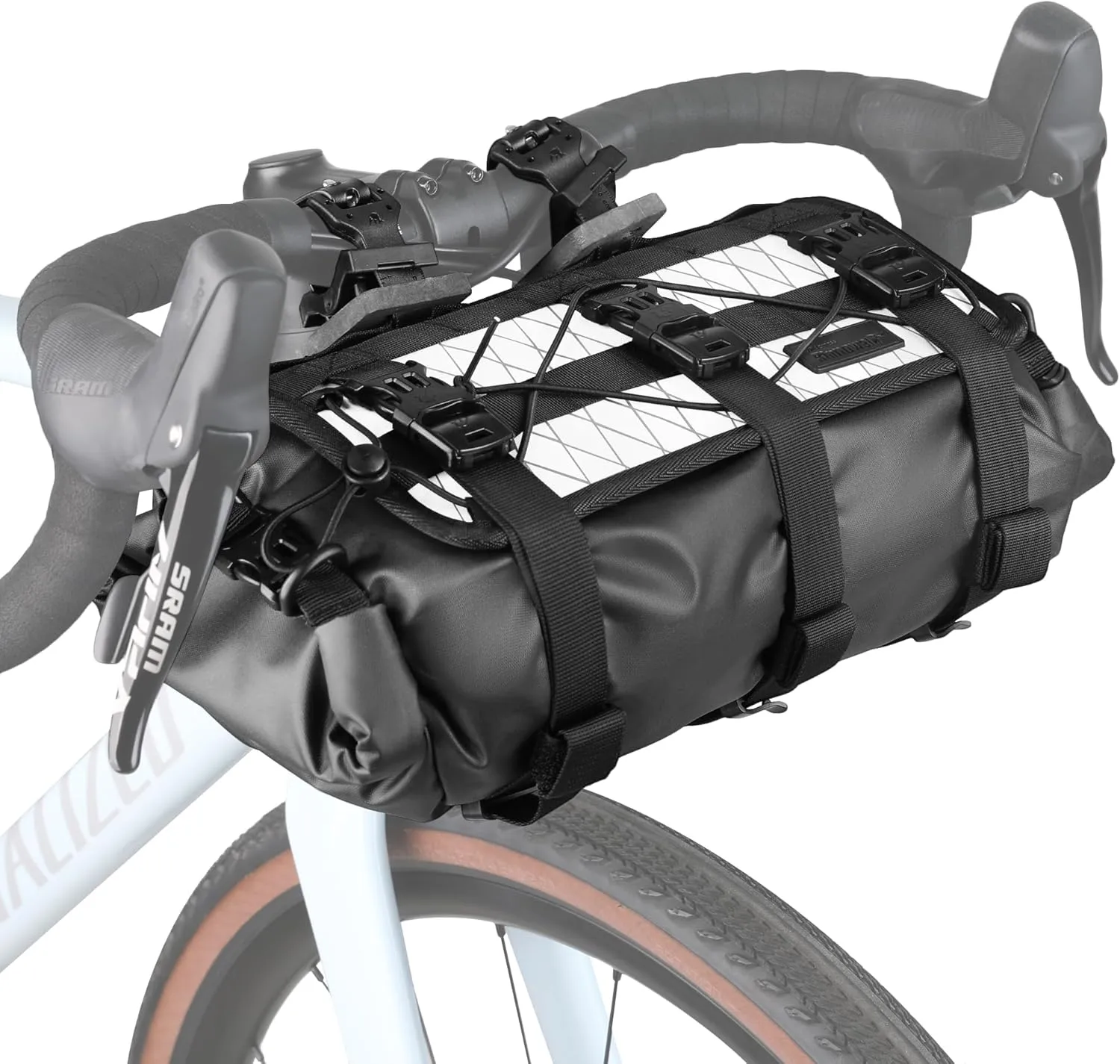 Bike Handlebar Bag Bicycle Front Bag Waterproof 8L-13L Roll Top Lightweight with Shoulder Strap for Mountain Road Cycling for Commuting and Touring (Black&White)