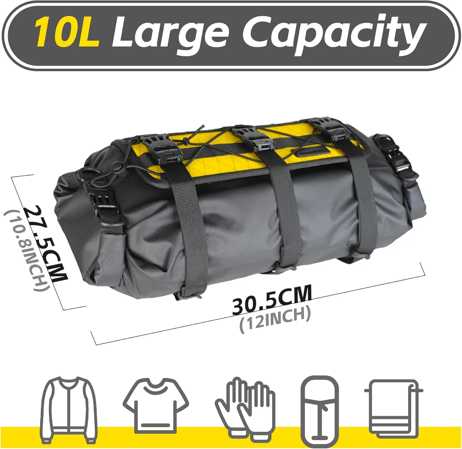 Bike Handlebar Bag Bicycle Front Bag Waterproof 8L-13L Roll Top Lightweight with Shoulder Strap for Mountain Road Cycling for Commuting and Touring (Black&Yellow)