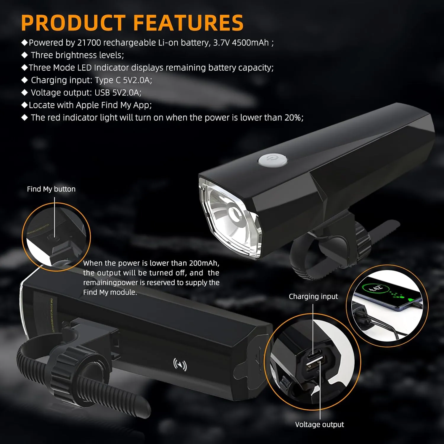 Bike Light Headlight 1200lumens 10W CREE led, Compatible with Apple FindMy APP, 3 1Modes，Front Bicycle Light Rechargeable Waterproof for Road Cycling, Mountain Biking, Night Riding