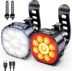 Bike Lights [8 7 Modes], USB Rechargeable Bike Lights Front and Back, Ultra Bright with Spotlight & Floodlight, IP65 Waterproof Bicycle Lights for Road Mountain Day/Night Cycling Safety