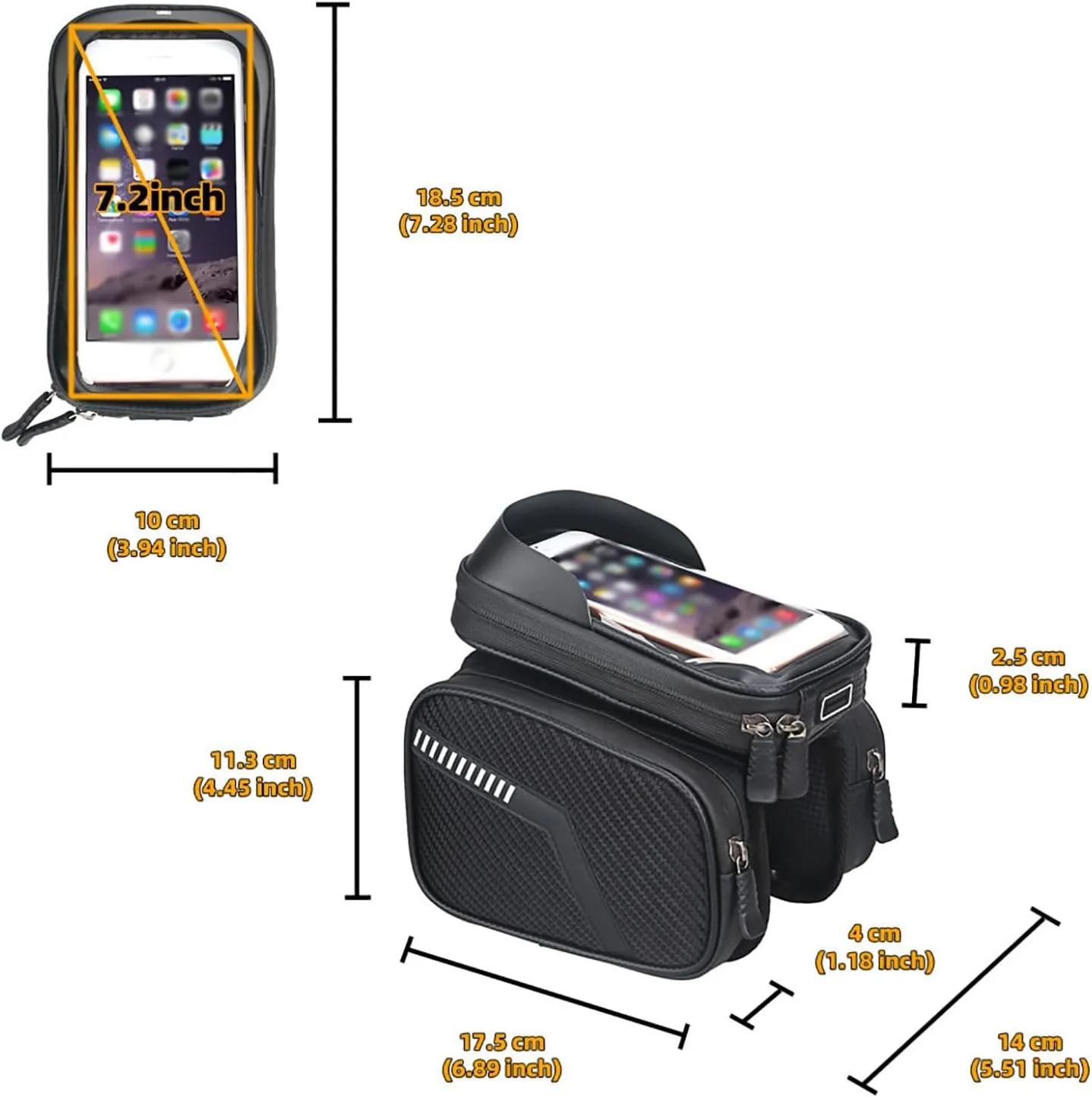 Bike Phone Front Frame Bag for Specialized Carve, Bike Bag Phone Mount Bag with TPU Sensitive Touchscreen, Top Tube Bike Bag Cycling Tools Storage Bag,A Black