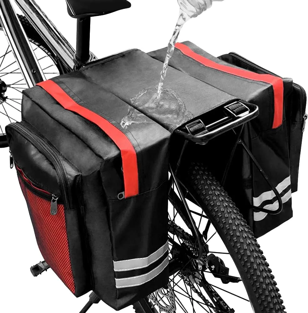Bike Rear Rack Double Pannier Bag, 30L Waterproof Bicycle Trunk Bag, Bike Pannier Bag with Reflective Trim, for Grocery Shopping Commuter Long Cycling Trip (Red)