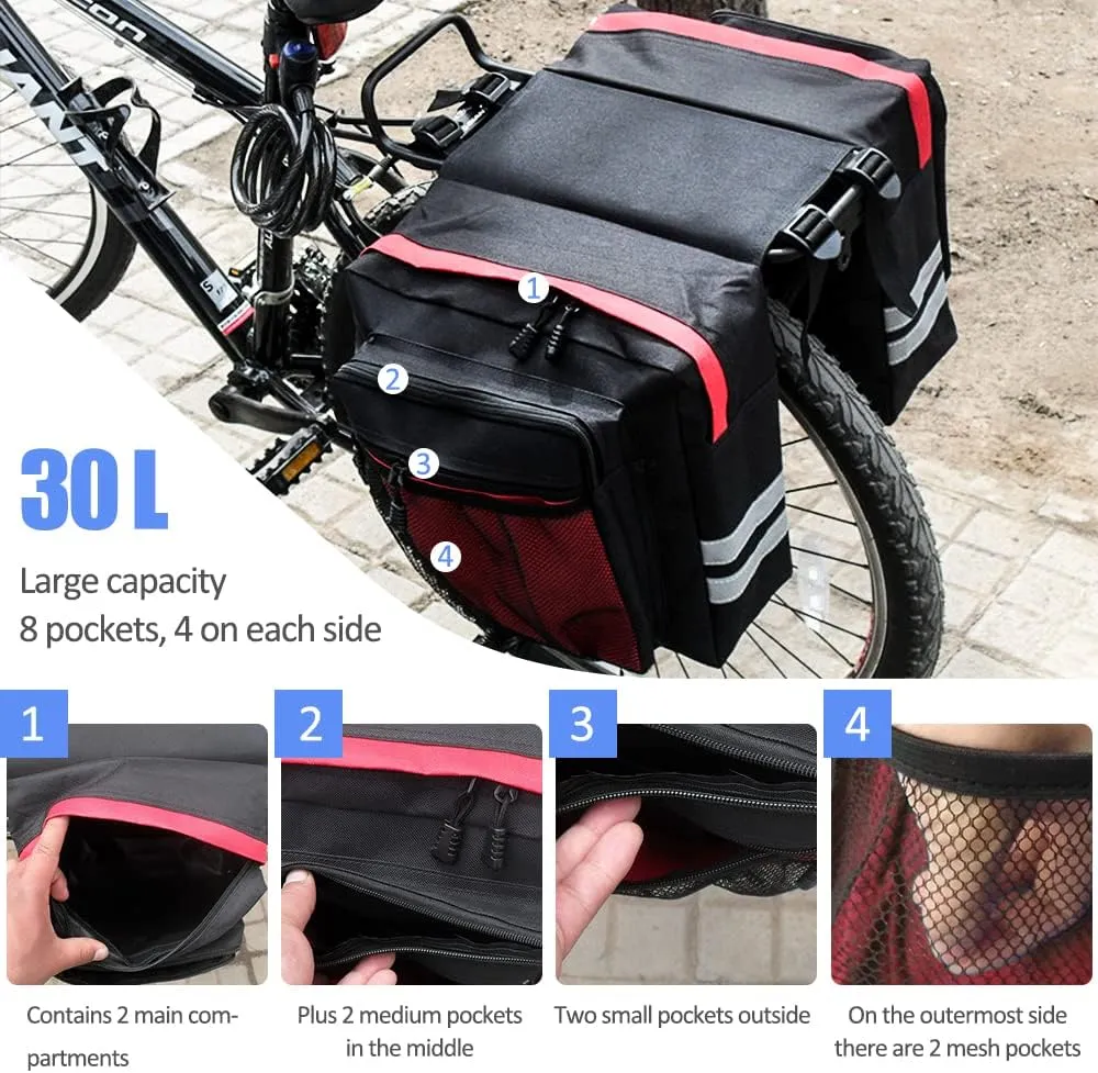 Bike Rear Rack Double Pannier Bag, 30L Waterproof Bicycle Trunk Bag, Bike Pannier Bag with Reflective Trim, for Grocery Shopping Commuter Long Cycling Trip (Red)