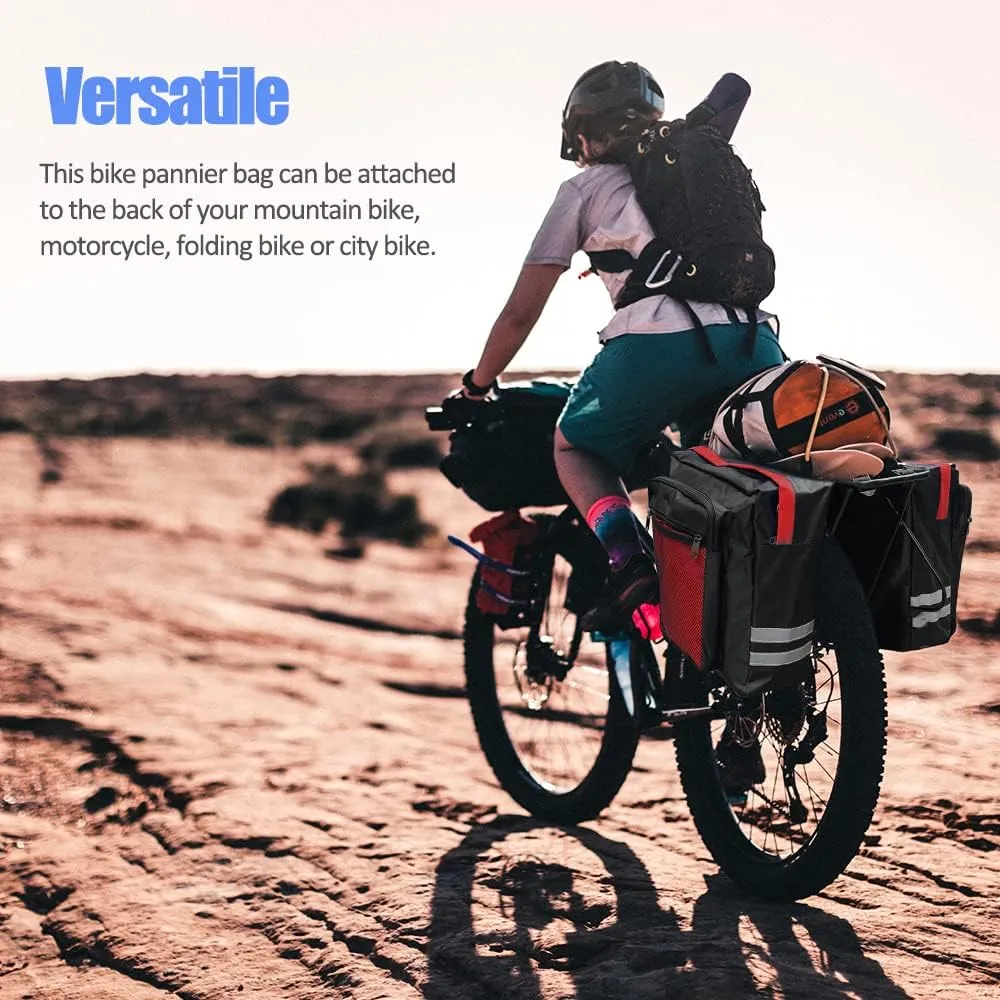 Bike Rear Rack Double Pannier Bag, 30L Waterproof Bicycle Trunk Bag, Bike Pannier Bag with Reflective Trim, for Grocery Shopping Commuter Long Cycling Trip (Red)