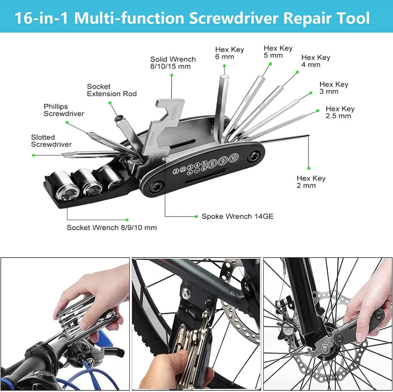 Bike Repair Tool Kit with Mini Bicycle Pump, Bicycle Saddle Bag with Tail Light, 16-in-1 Bike Multitool, Bicycle Tire Repair Kit for Road MTB E-Bikes, Large Capacity Bike Set Pack Bag