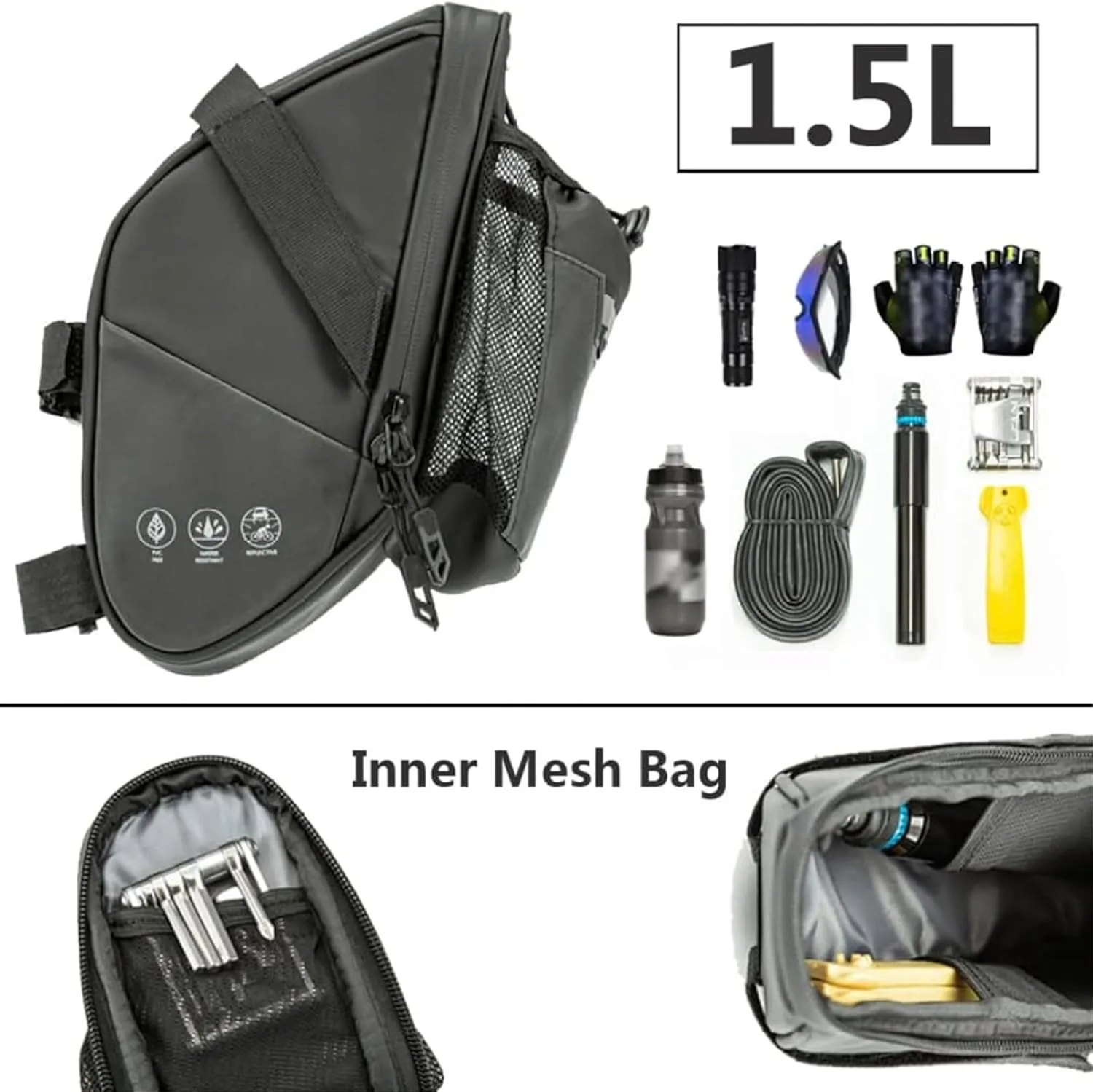 Bike Saddle Bags with Water Bottle Pouch Waterproof Bike Bags Under Seat Pack for Mountain Road Saddle Bag Bicycles Storage Bag 1.5L