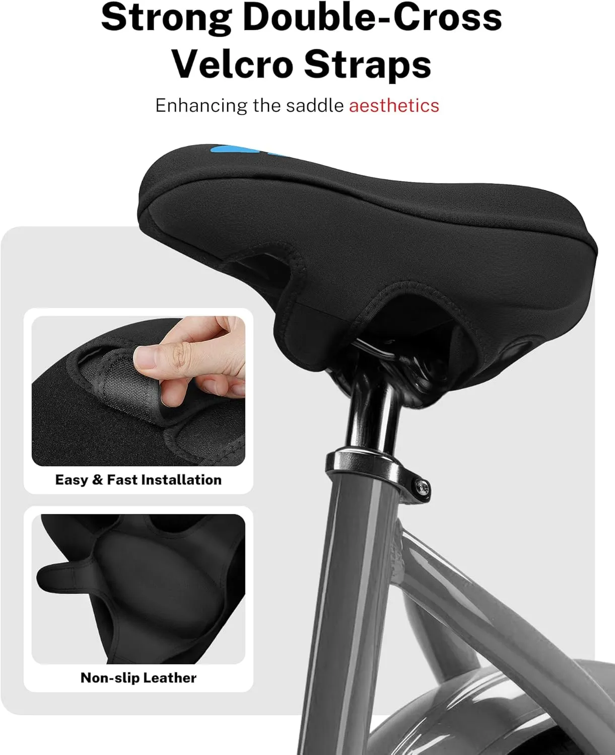 Bike Seat Cushion - Gel Padded Bike Seat Cover for Men Women Comfort, Adjustable Velcro Secure Bicycle Seat Cushion Compatible with Peloton, Indoor & Outdoor Bicycle Seat(11"x7")