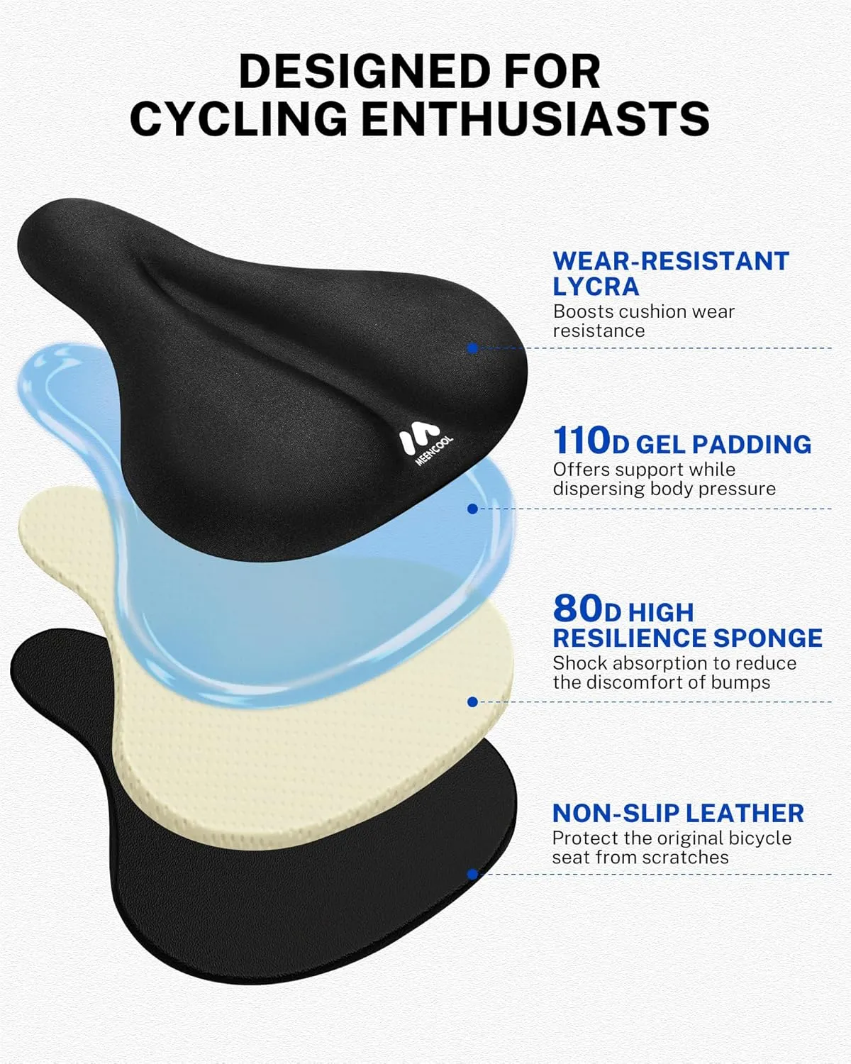 Bike Seat Cushion - Gel Padded Bike Seat Cover for Men Women Comfort, Adjustable Velcro Secure Bicycle Seat Cushion Compatible with Peloton, Indoor & Outdoor Bicycle Seat(11"x7")