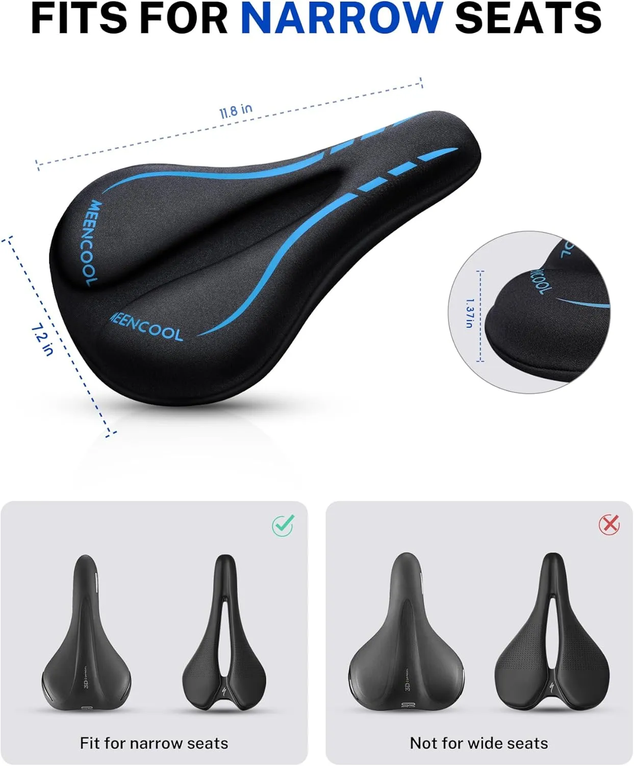 Bike Seat Cushion - Gel Padded Bike Seat Cover for Men Women Comfort, Adjustable Velcro Secure Bicycle Seat Cushion Compatible with Peloton, Indoor & Outdoor Bicycle Seat(11"x7")