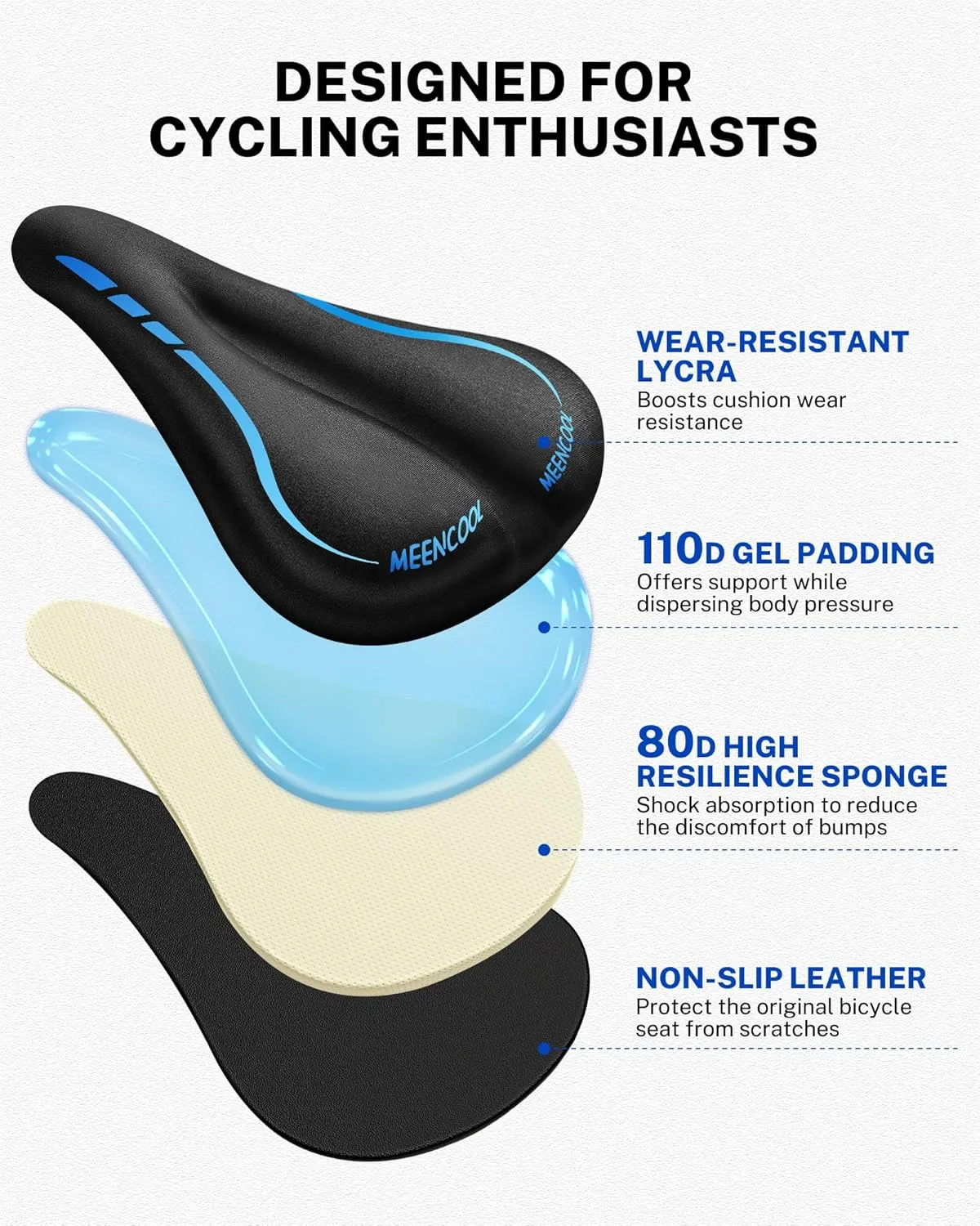 Bike Seat Cushion - Gel Padded Bike Seat Cover for Men Women Comfort, Adjustable Velcro Secure Bicycle Seat Cushion Compatible with Peloton, Indoor & Outdoor Bicycle Seat(11"x7")
