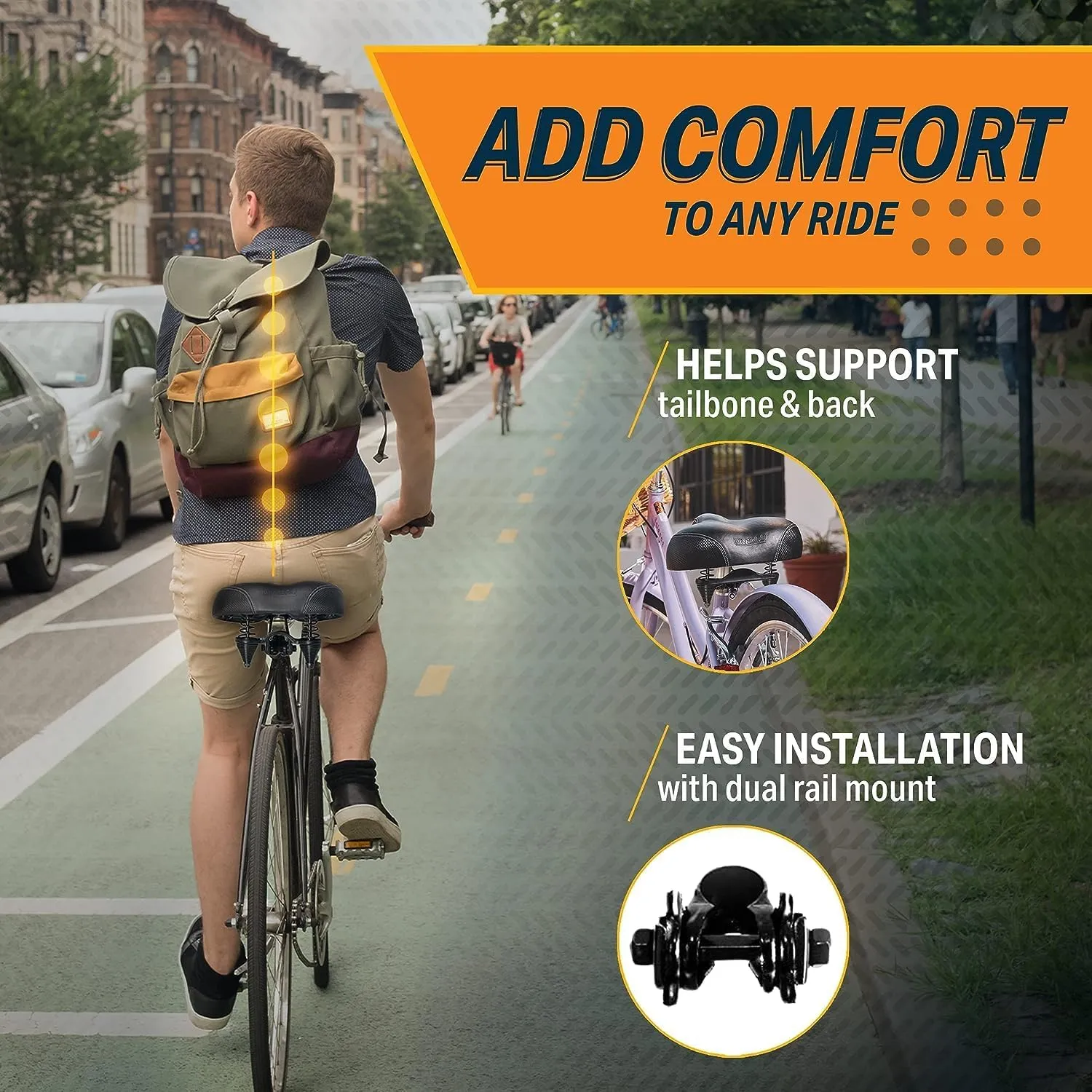 Bikeroo Wide Cruiser Saddle - Comfort Seat Fits Indoor & Outdoor Bicycles - Steel Spring & Elastomer Suspension - Memory Foam