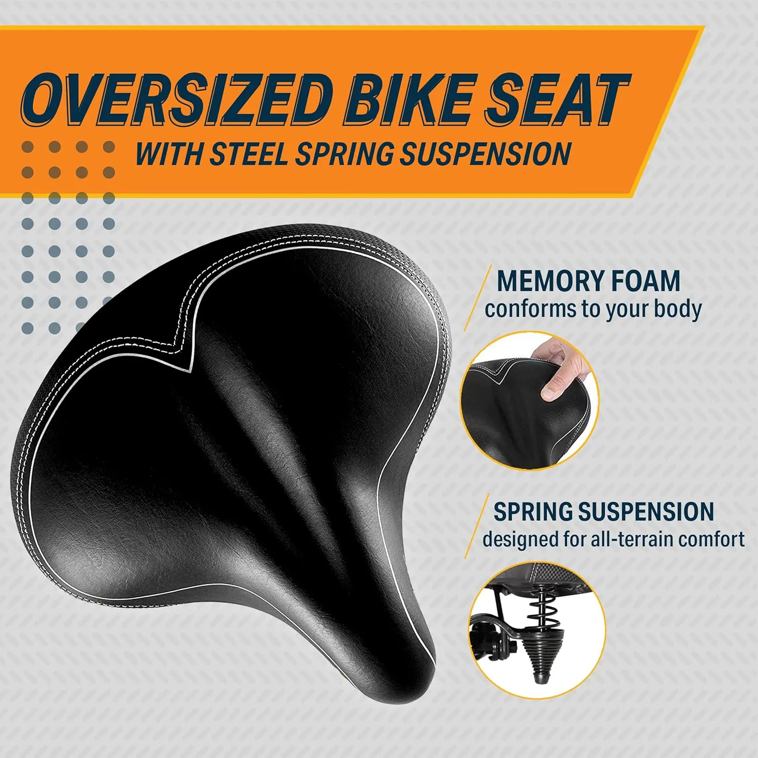 Bikeroo Wide Cruiser Saddle - Comfort Seat Fits Indoor & Outdoor Bicycles - Steel Spring & Elastomer Suspension - Memory Foam