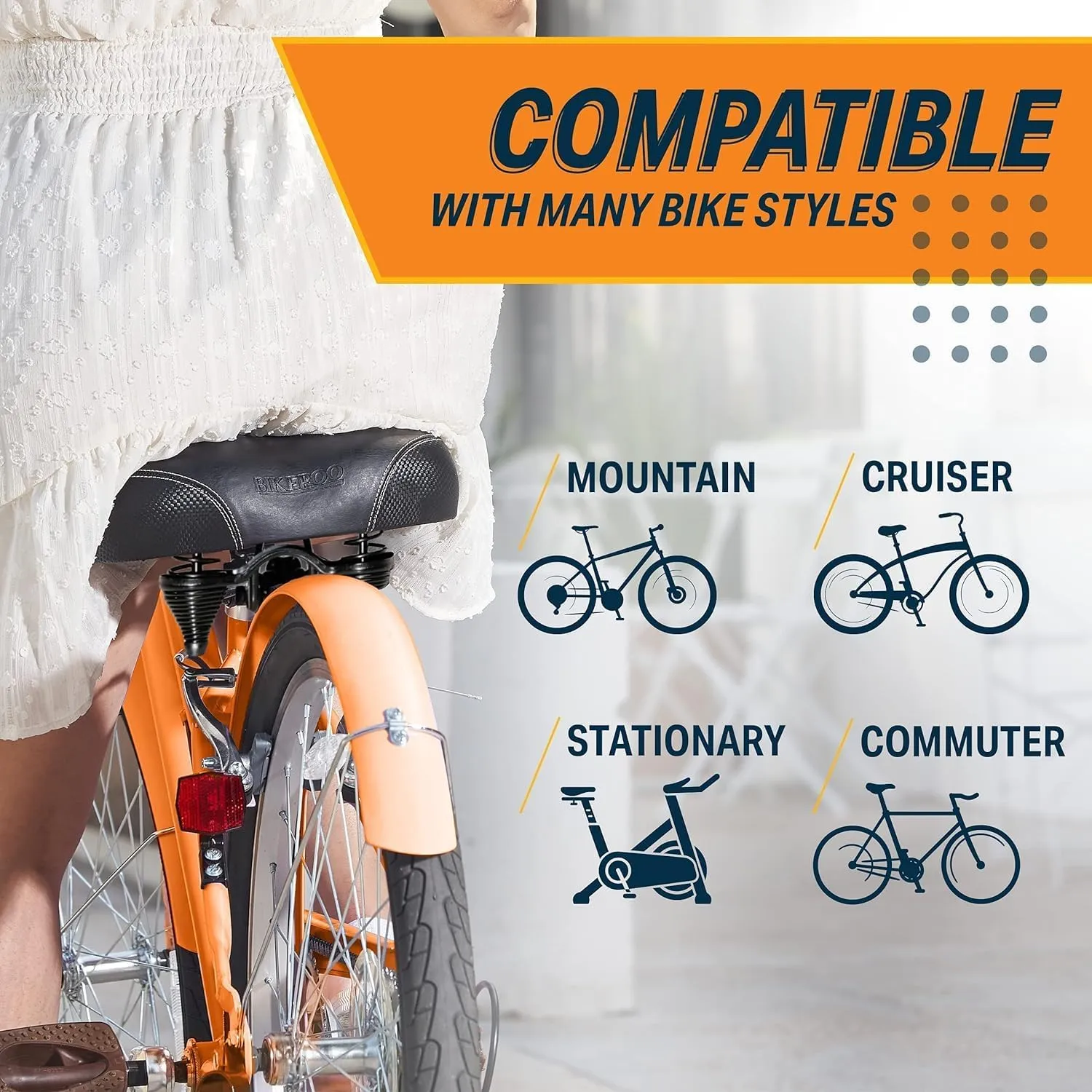 Bikeroo Wide Cruiser Saddle - Comfort Seat Fits Indoor & Outdoor Bicycles - Steel Spring & Elastomer Suspension - Memory Foam
